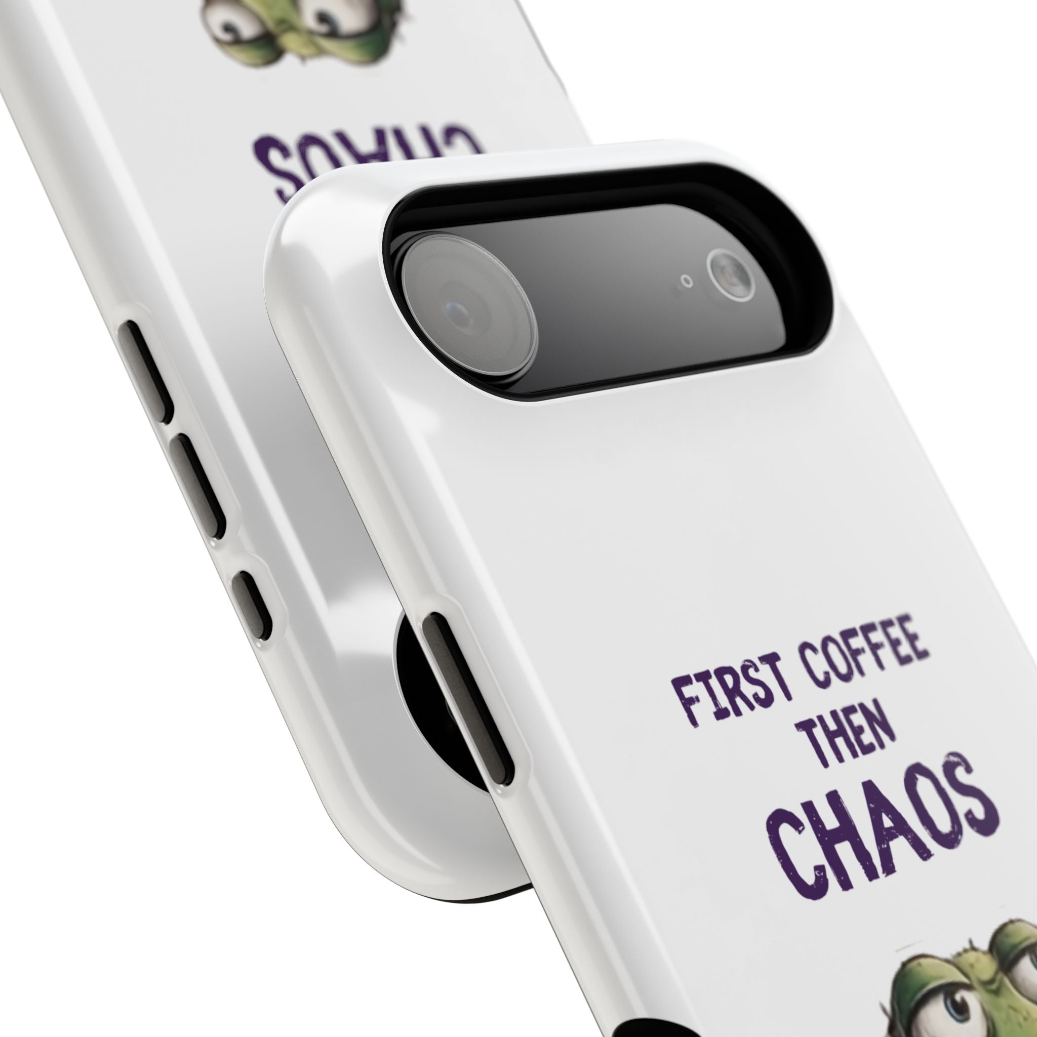 Impact-Resistant Phone Case — "First Coffee Then Chaos" Cute Lizard Coffee Design
