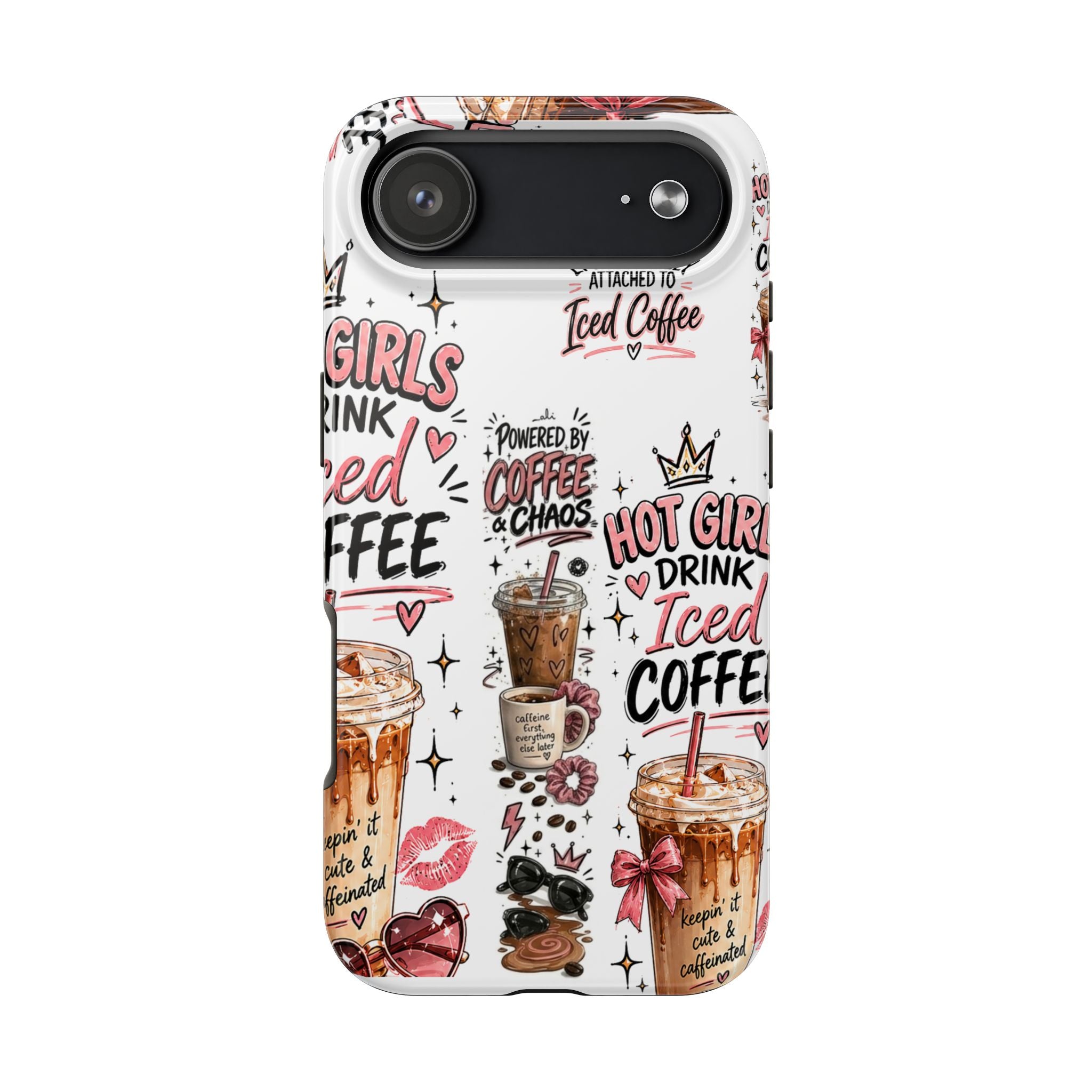 Iced Coffee Pattern Phone Case – "Powered by Coffee & Chaos" Tough Protective Case