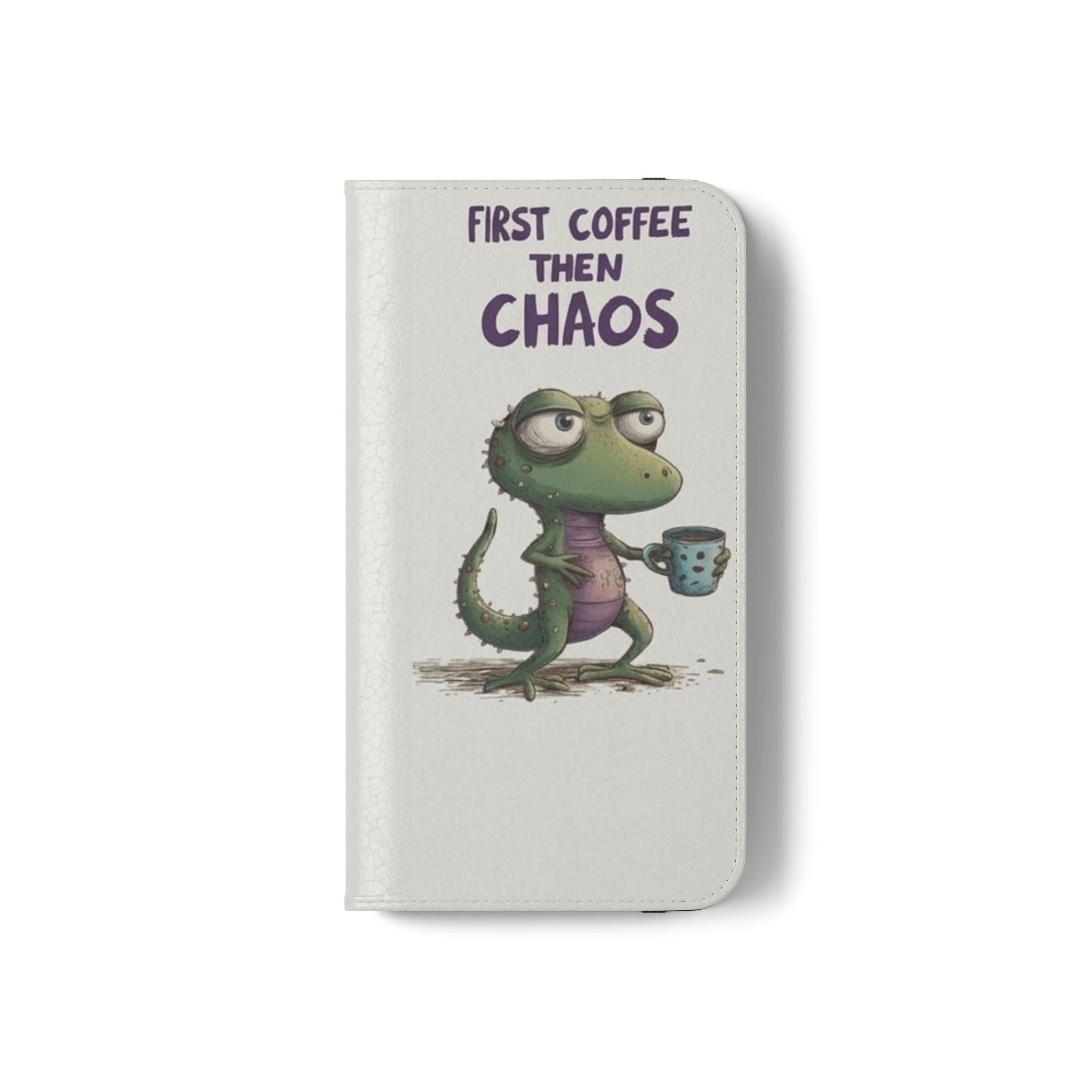 Flip Case — "First Coffee Then Chaos" Cute Dino Phone Wallet