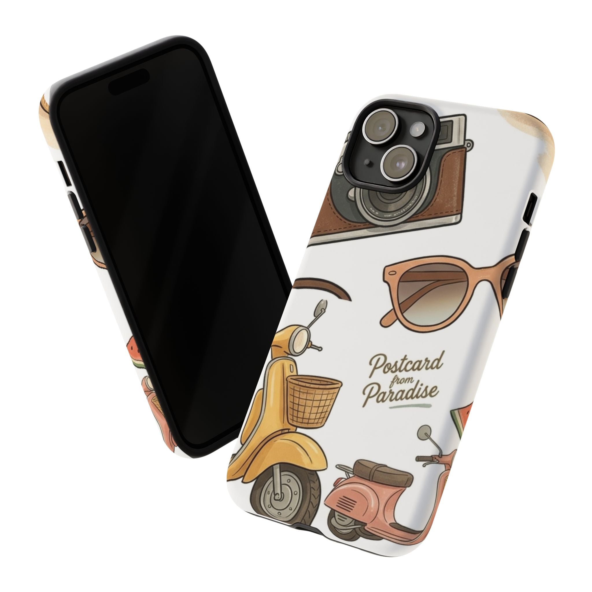 Vintage Summer Beach Phone Case — Feminine Travel Pattern with Cameras, Sunglasses & Scooter