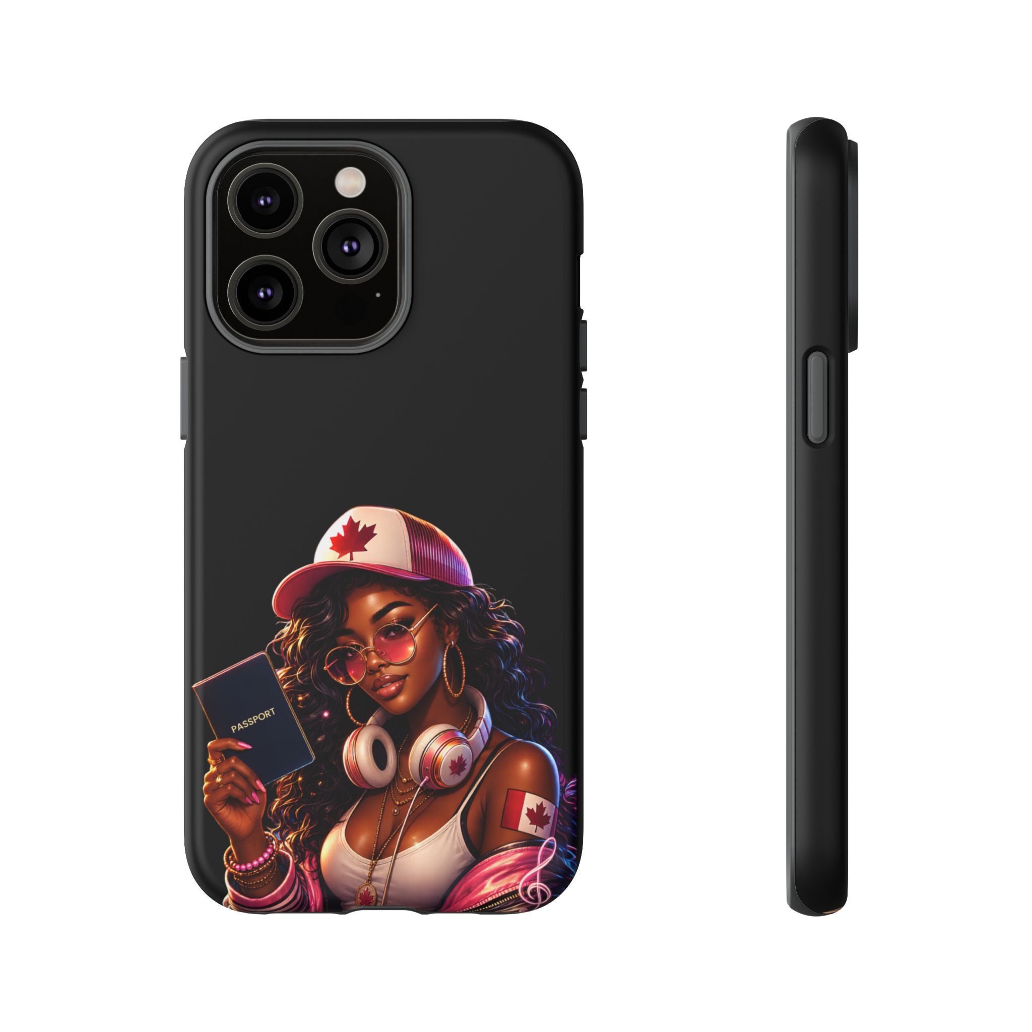 Canadian Vibes Phone Case — Afrobeat Girl with Headphones & Passport Design