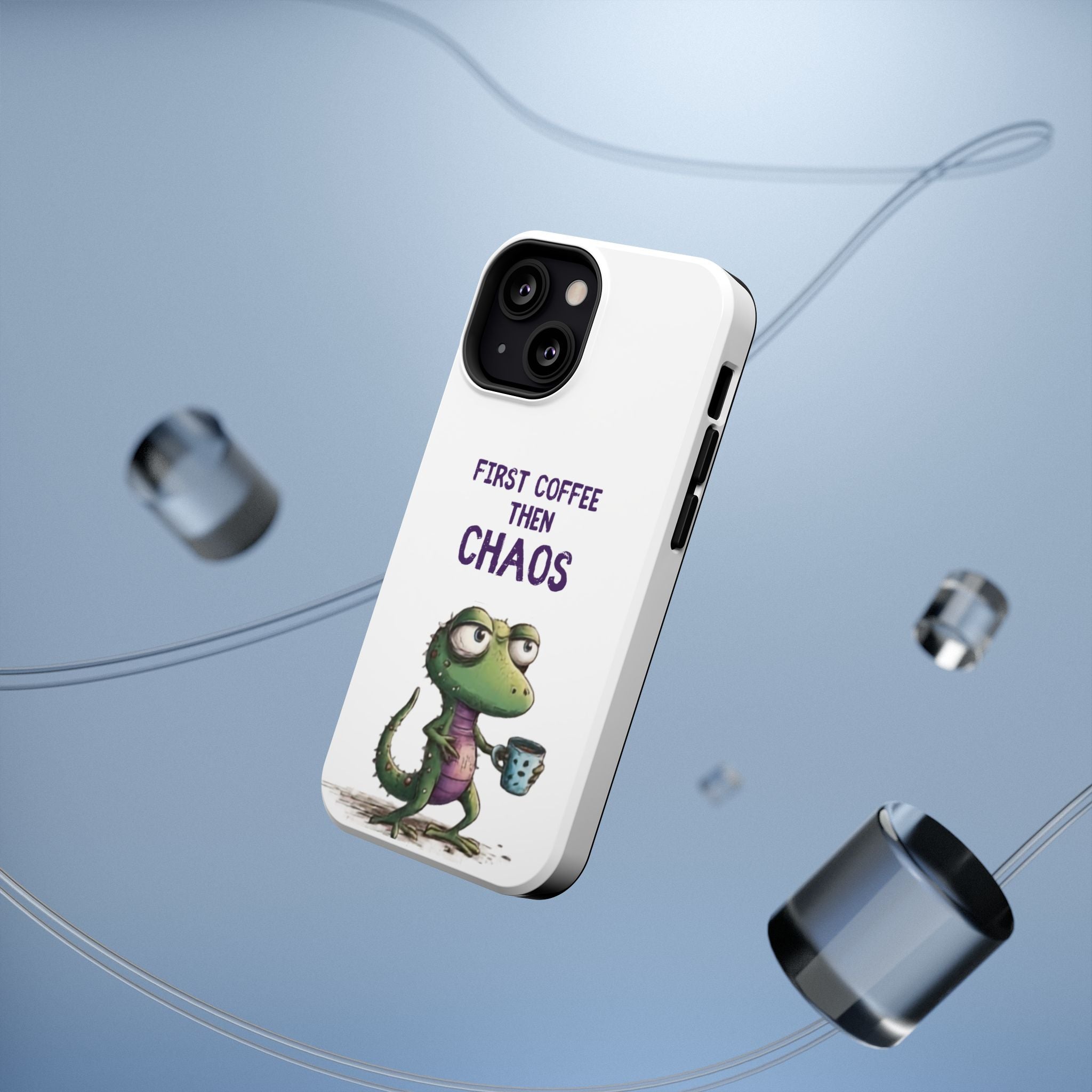 Impact-Resistant Phone Case — "First Coffee Then Chaos" Cute Lizard Coffee Design