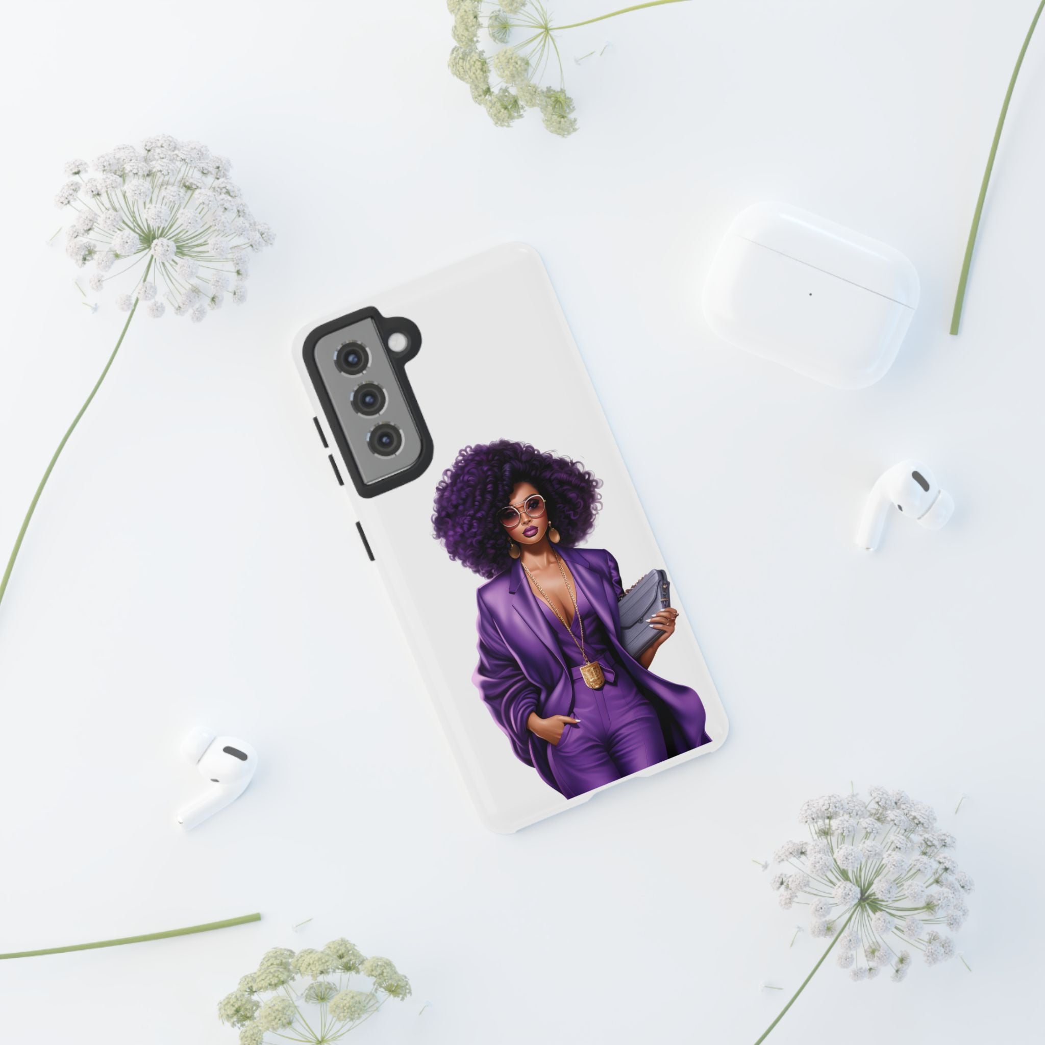 Purple Power Woman Phone Case — Afro Chic Businesswoman Protective Phone Cover