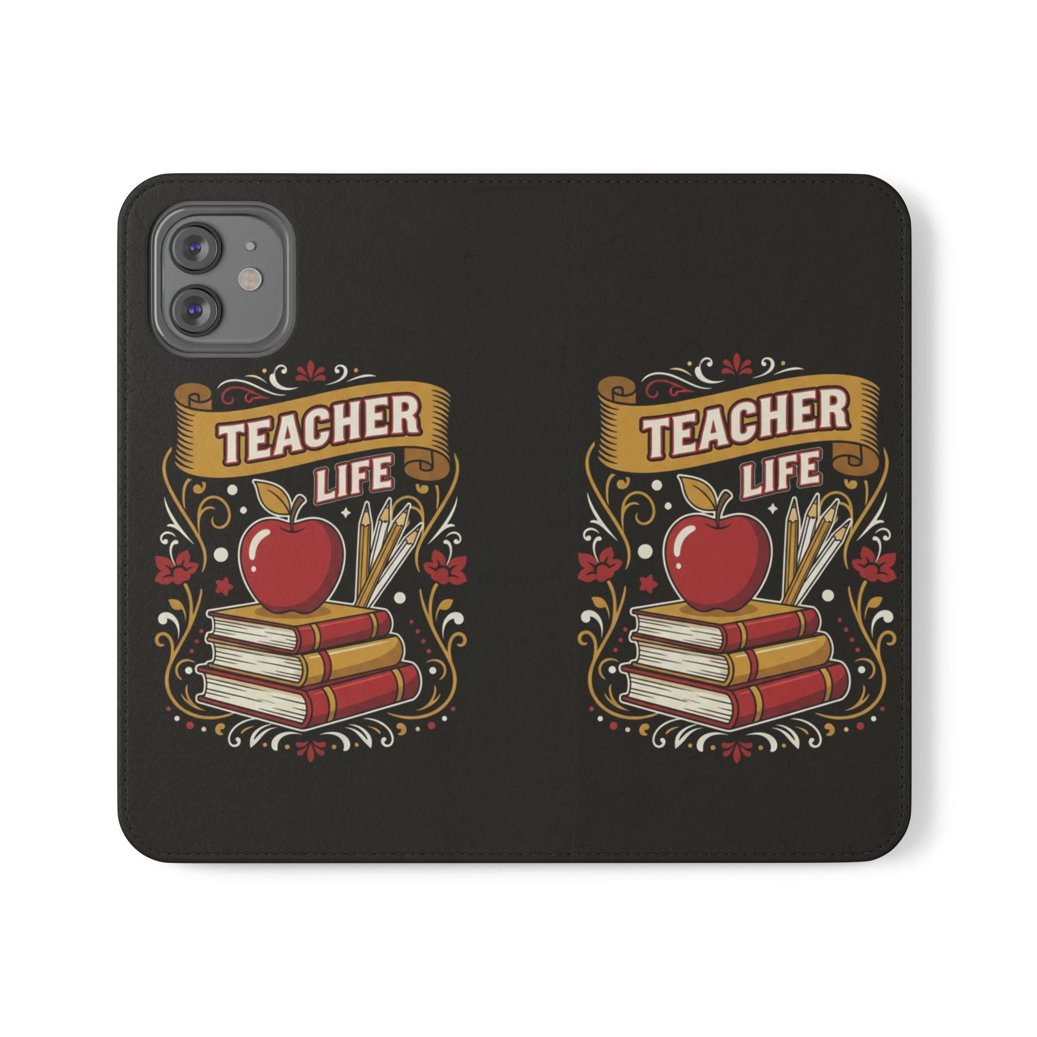Teacher Life Flip Phone Case – Wallet Folio with Apple & Books Design