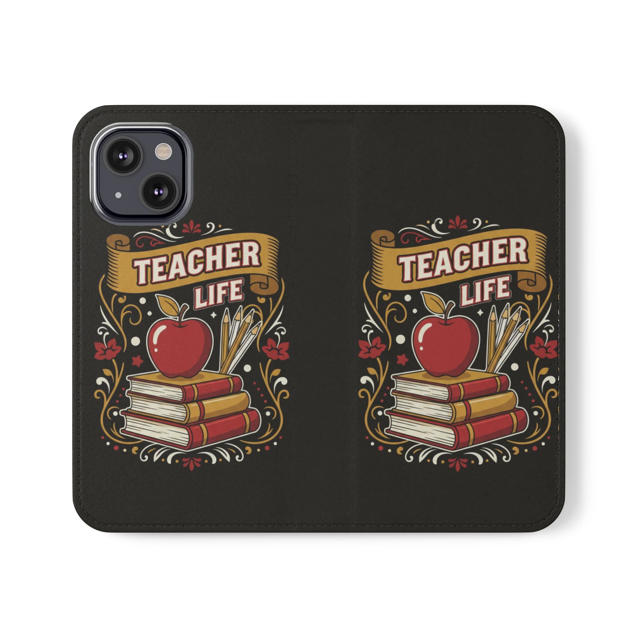 Teacher Life Flip Phone Case – Wallet Folio with Apple & Books Design