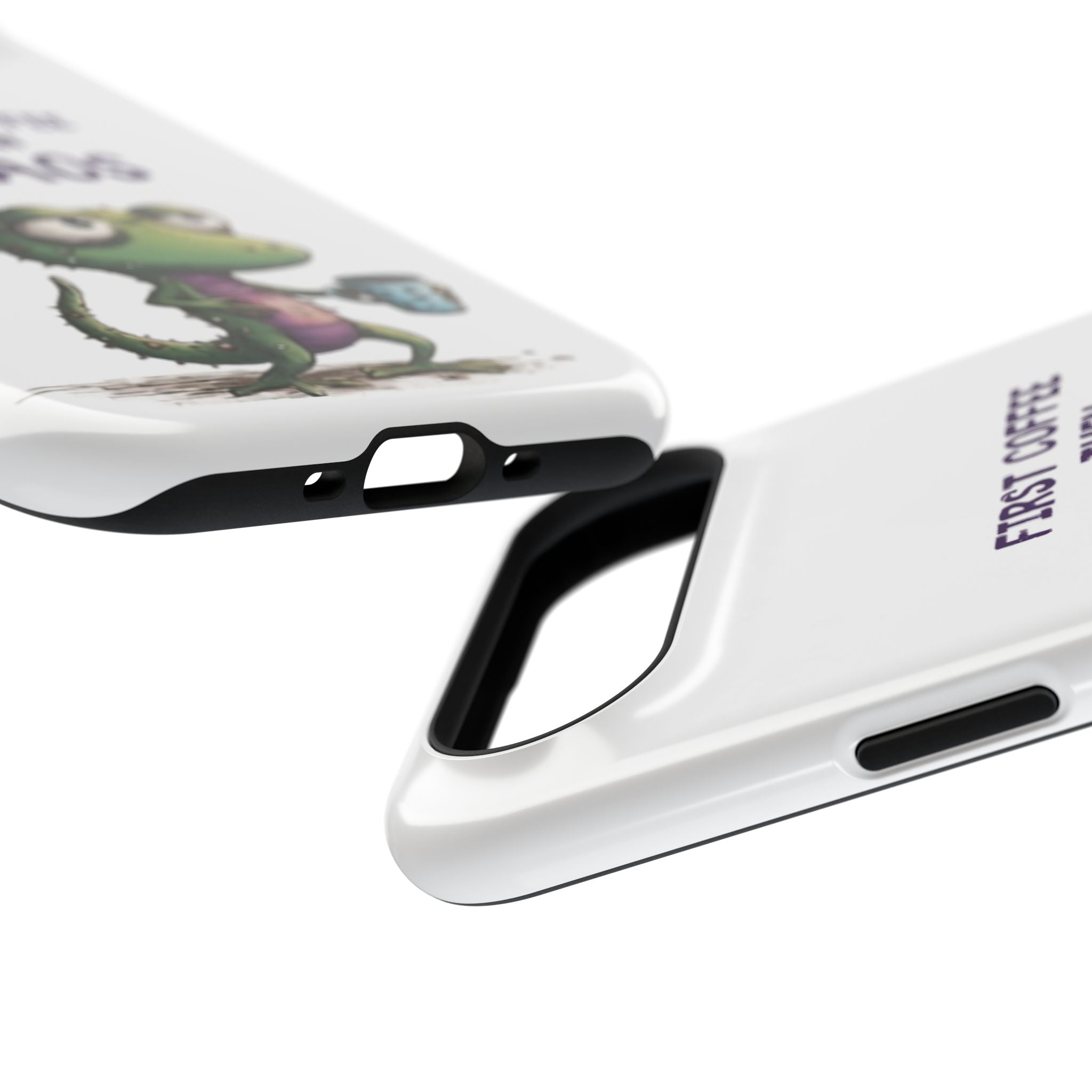 Impact-Resistant Phone Case — "First Coffee Then Chaos" Cute Lizard Coffee Design