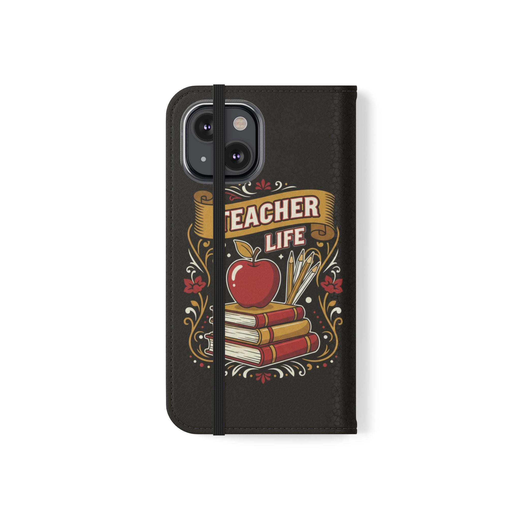Teacher Life Flip Phone Case – Wallet Folio with Apple & Books Design