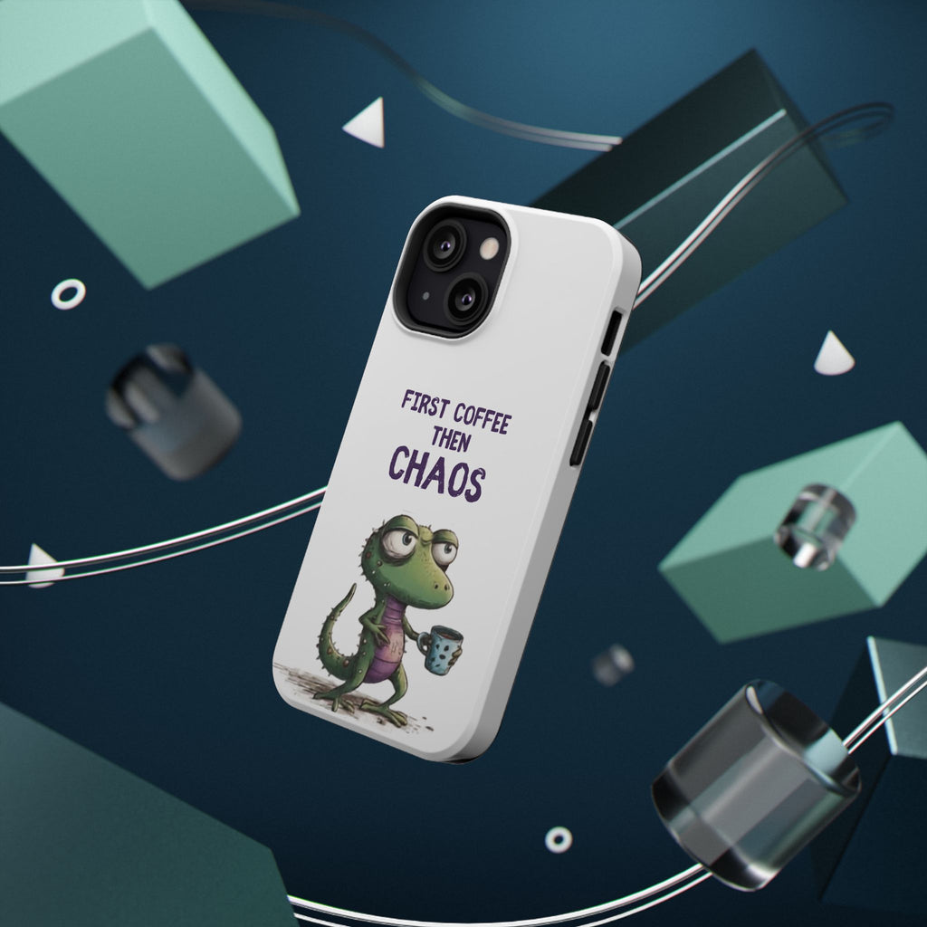 Impact-Resistant Phone Case — "First Coffee Then Chaos" Cute Lizard Coffee Design