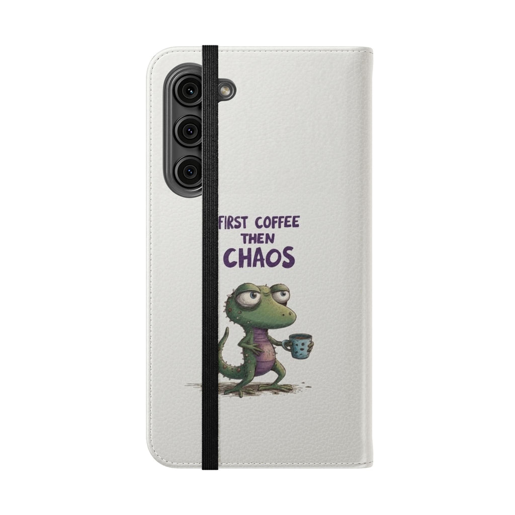 Flip Case — "First Coffee Then Chaos" Cute Dino Phone Wallet