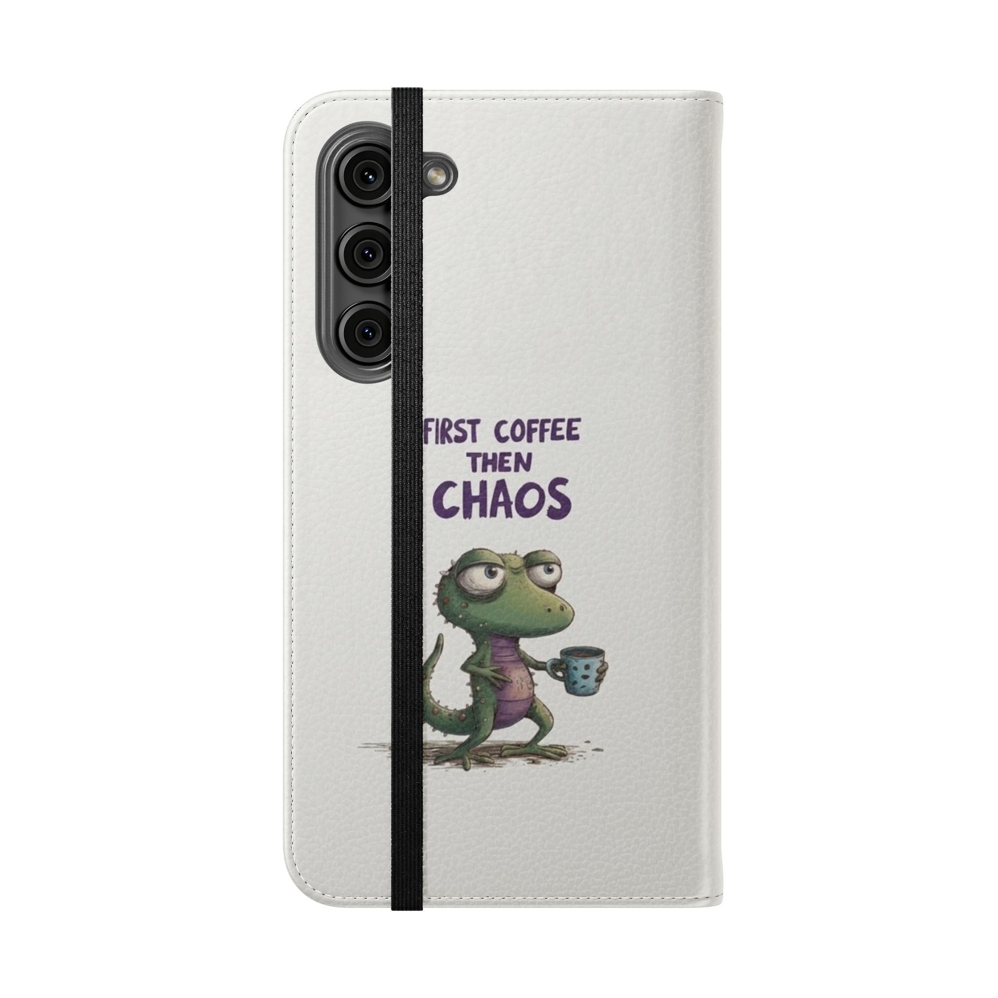 Flip Case — "First Coffee Then Chaos" Cute Dino Phone Wallet