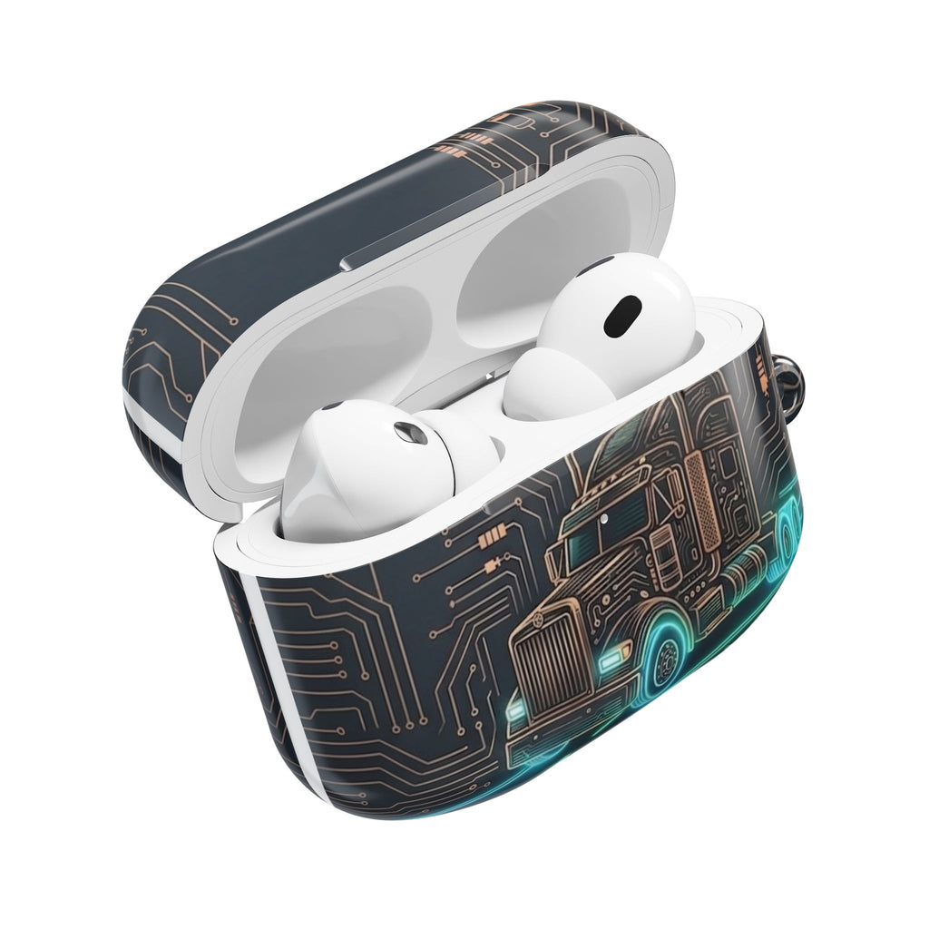 Trucker Tech AirPods Case — Neon Semi Truck Circuit Design