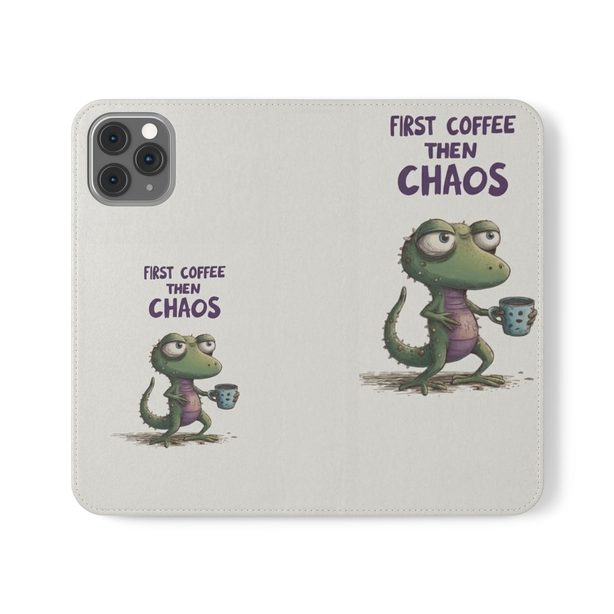 Flip Case — "First Coffee Then Chaos" Cute Dino Phone Wallet