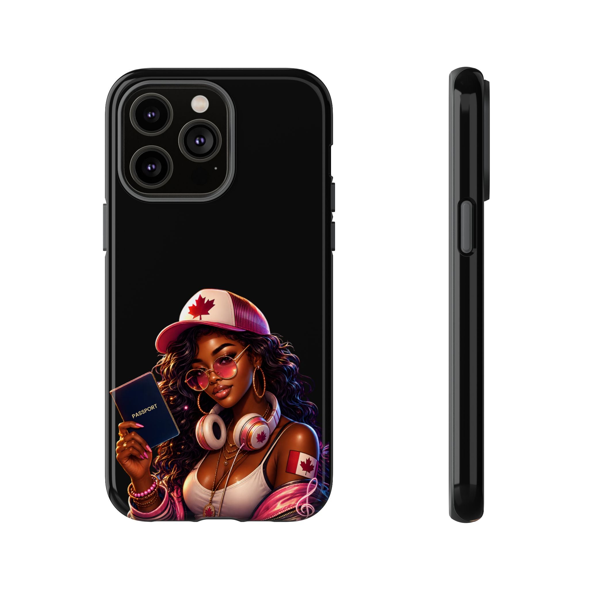 Canadian Vibes Phone Case — Afrobeat Girl with Headphones & Passport Design