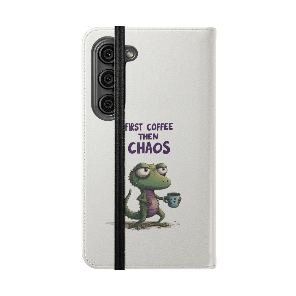 Flip Case — "First Coffee Then Chaos" Cute Dino Phone Wallet