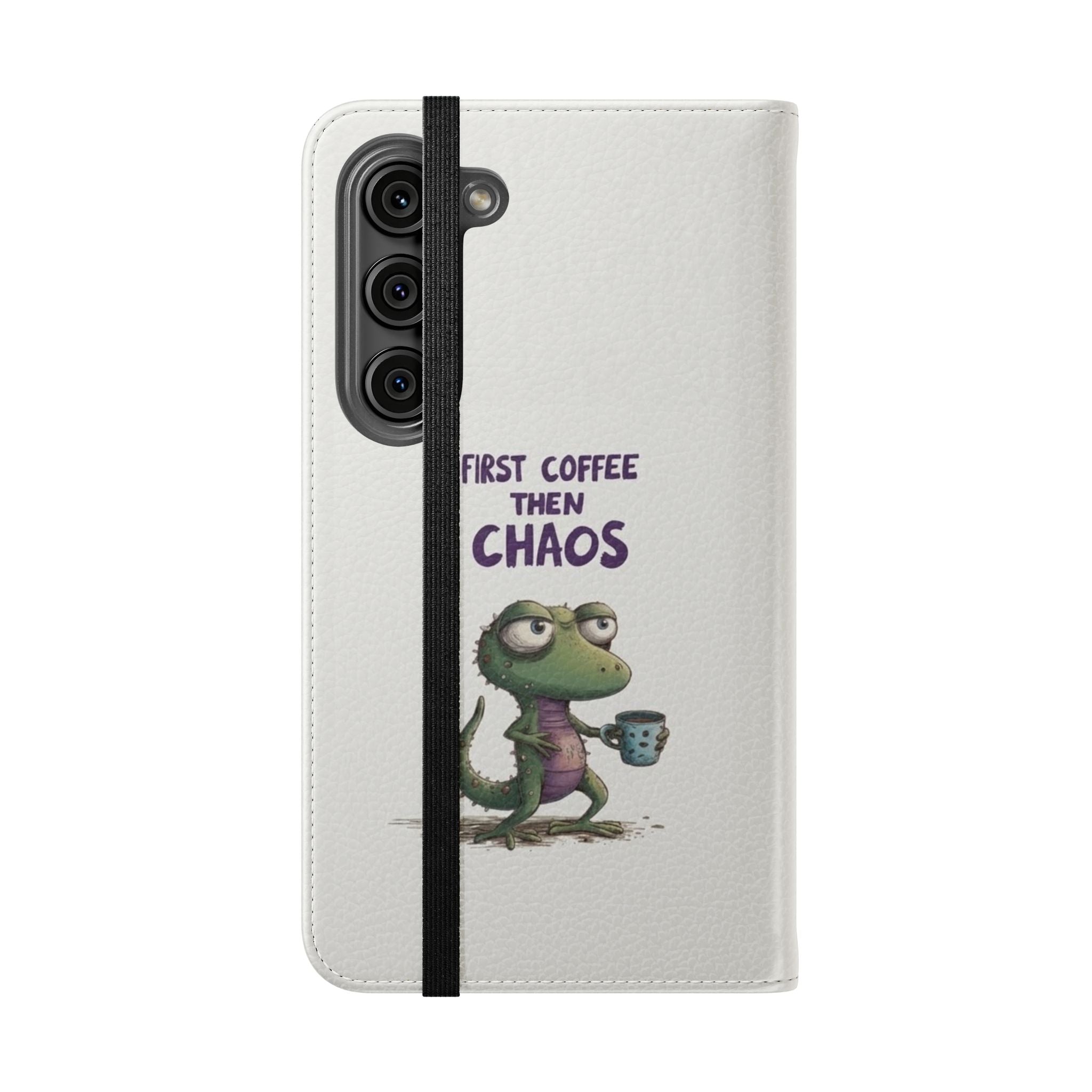 Flip Case — "First Coffee Then Chaos" Cute Dino Phone Wallet