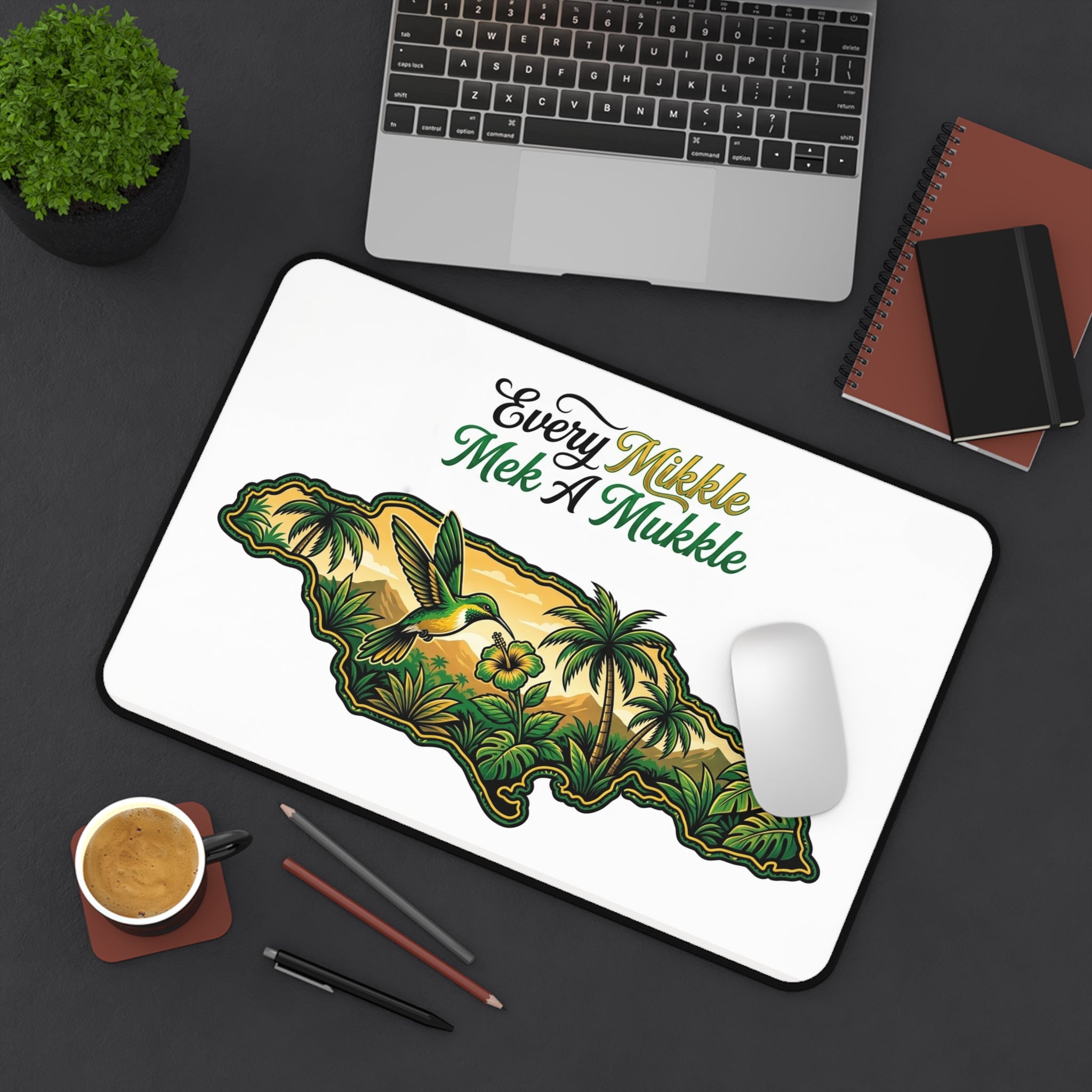 Jamaica Map Desk Mat — "Every Muckle Mek A Mukkle" Tropical Hummingbird Desk Mat