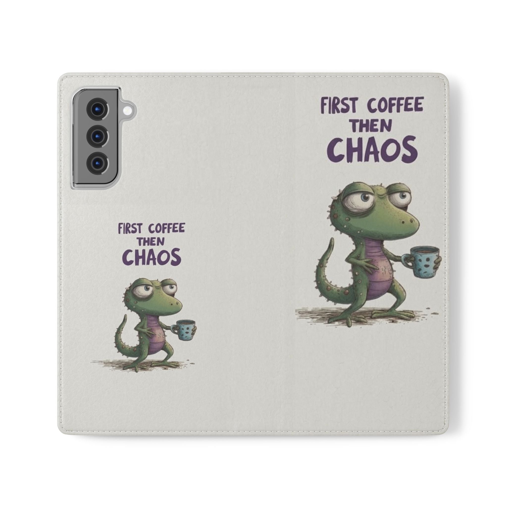 Flip Case — "First Coffee Then Chaos" Cute Dino Phone Wallet