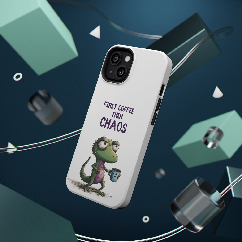 Impact-Resistant Phone Case — "First Coffee Then Chaos" Cute Lizard Coffee Design