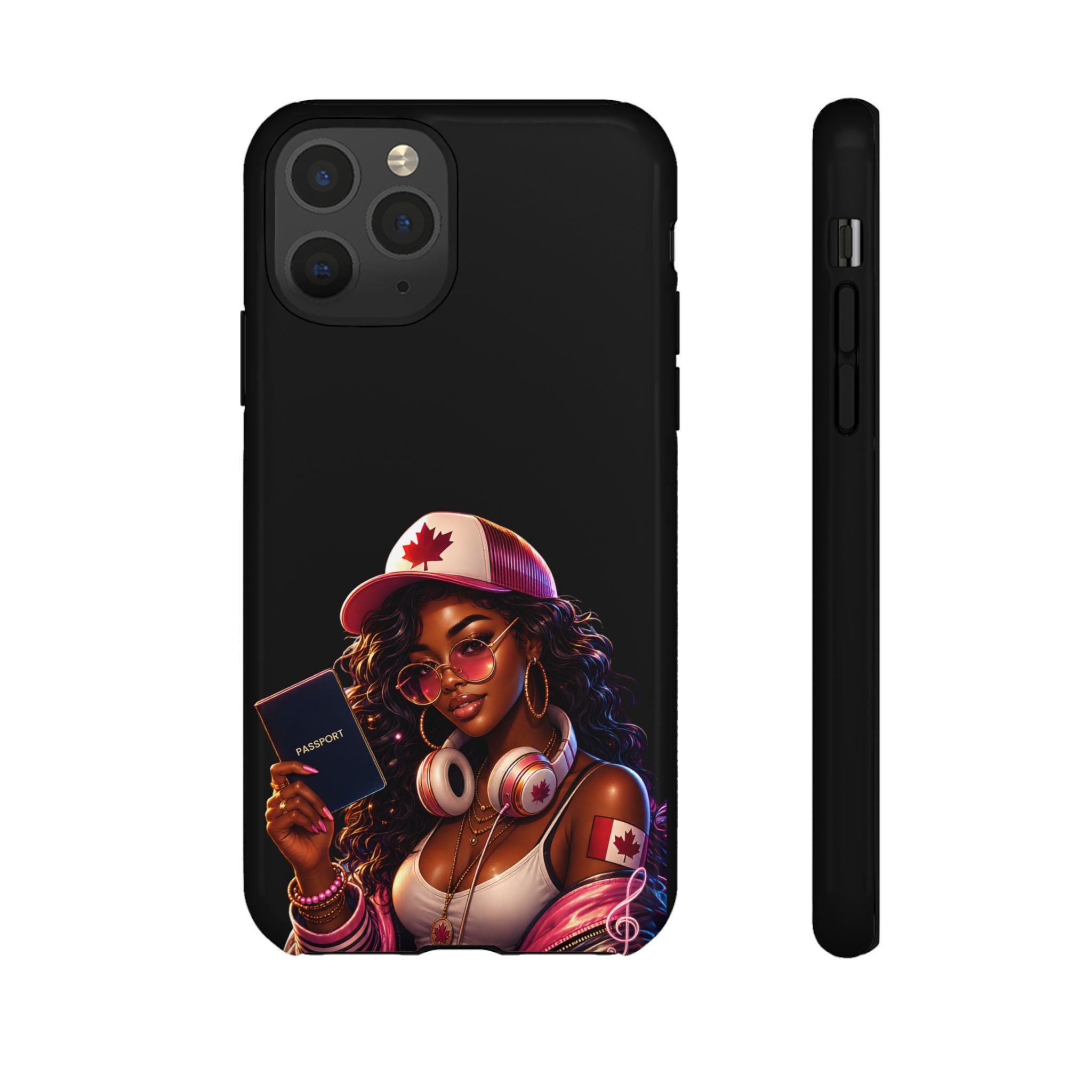 Canadian Vibes Phone Case — Afrobeat Girl with Headphones & Passport Design