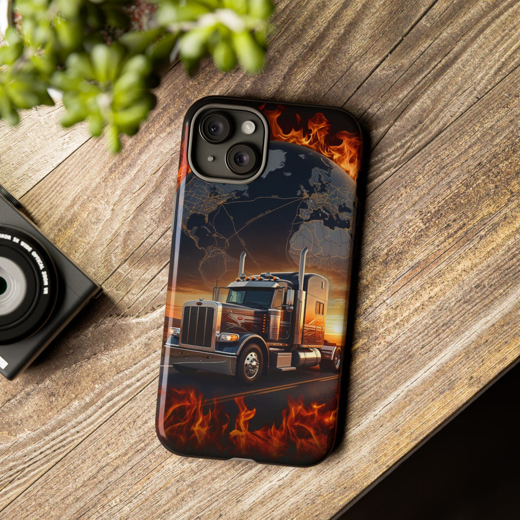 Truck Flames Phone Case — Bold Semi-Truck Globe Design