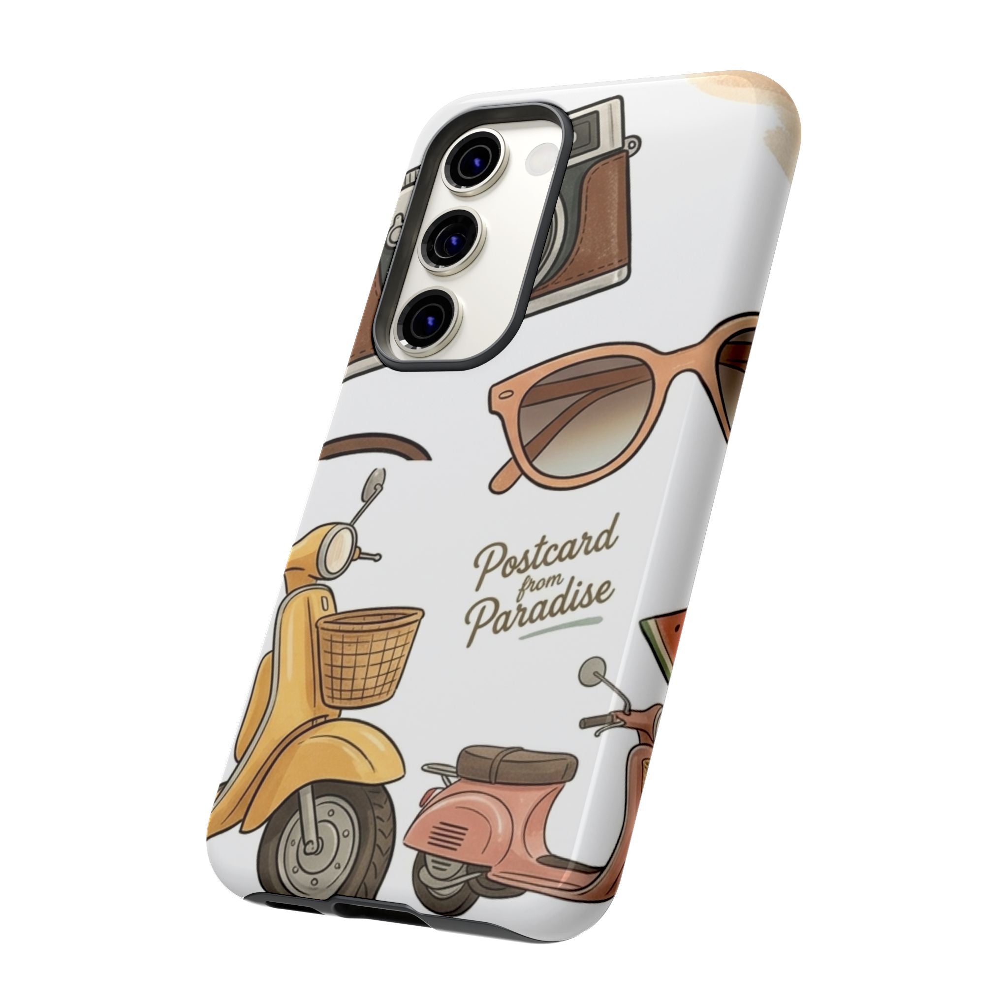 Vintage Summer Beach Phone Case — Feminine Travel Pattern with Cameras, Sunglasses & Scooter