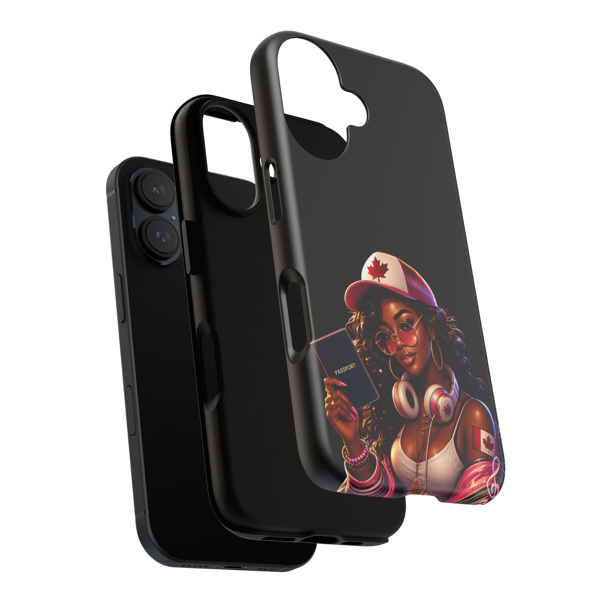 Canadian Vibes Phone Case — Afrobeat Girl with Headphones & Passport Design
