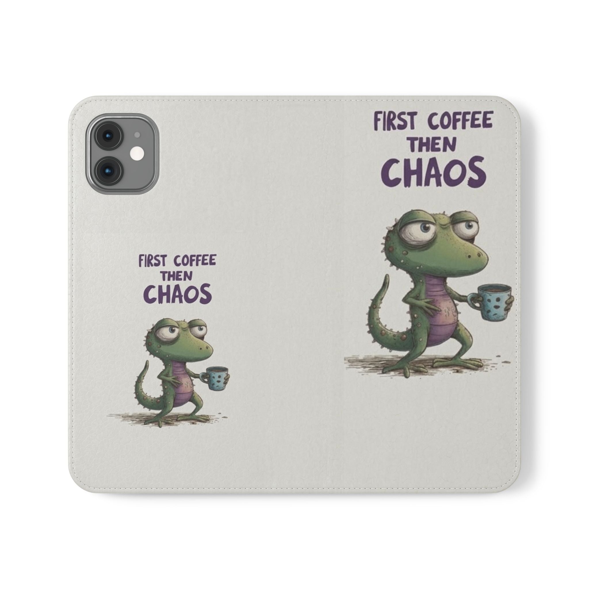 Flip Case — "First Coffee Then Chaos" Cute Dino Phone Wallet