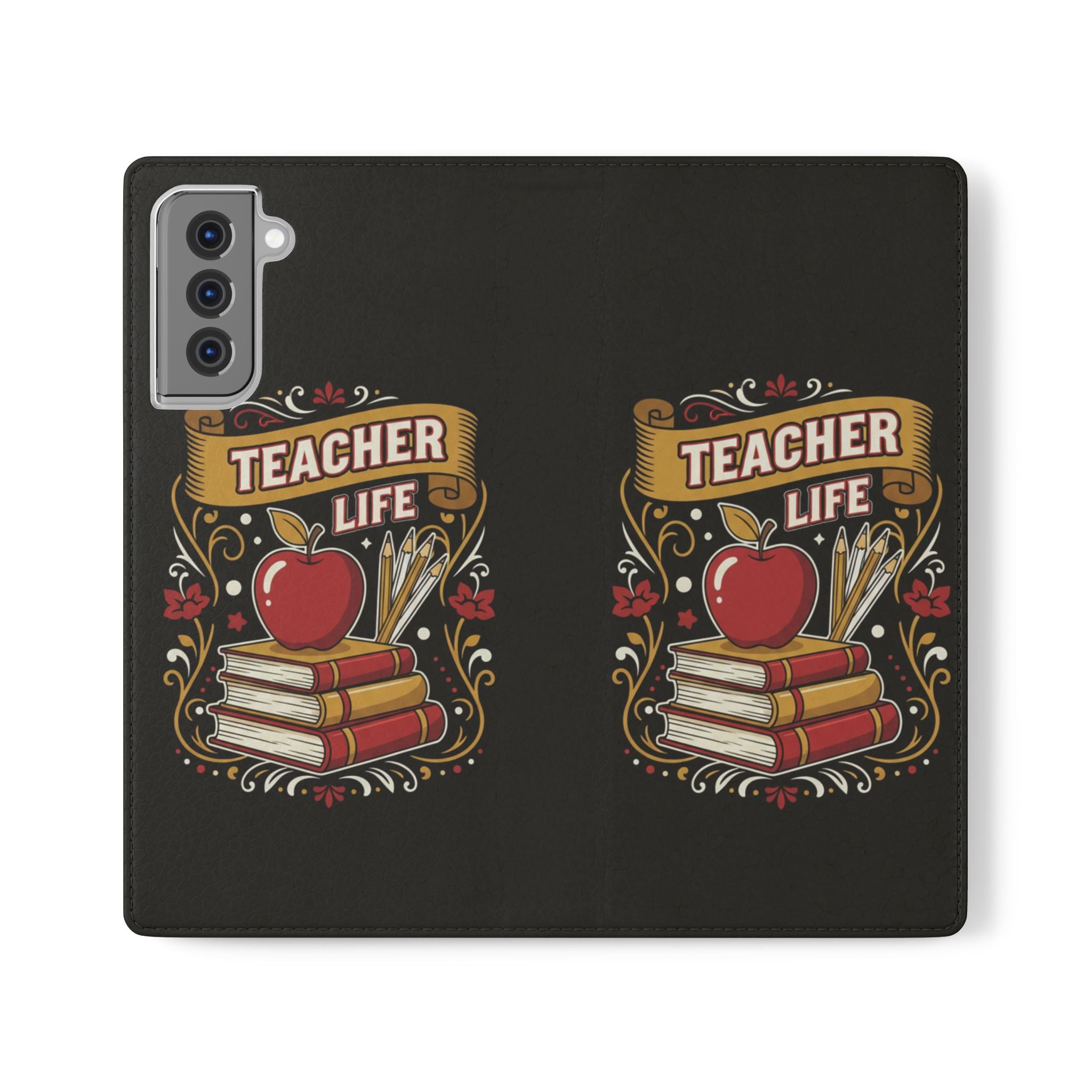 Teacher Life Flip Phone Case – Wallet Folio with Apple & Books Design