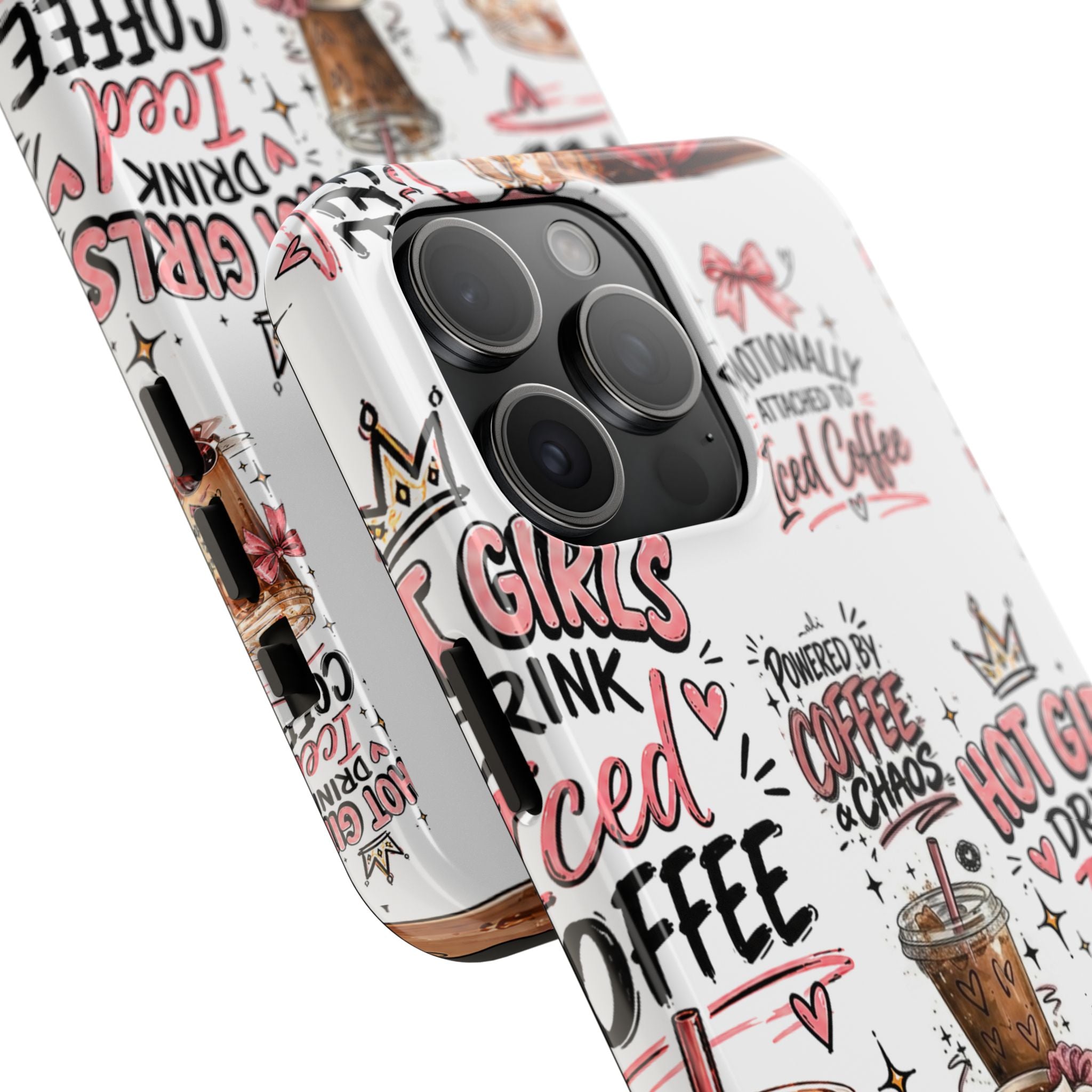 Iced Coffee Pattern Phone Case – "Powered by Coffee & Chaos" Tough Protective Case