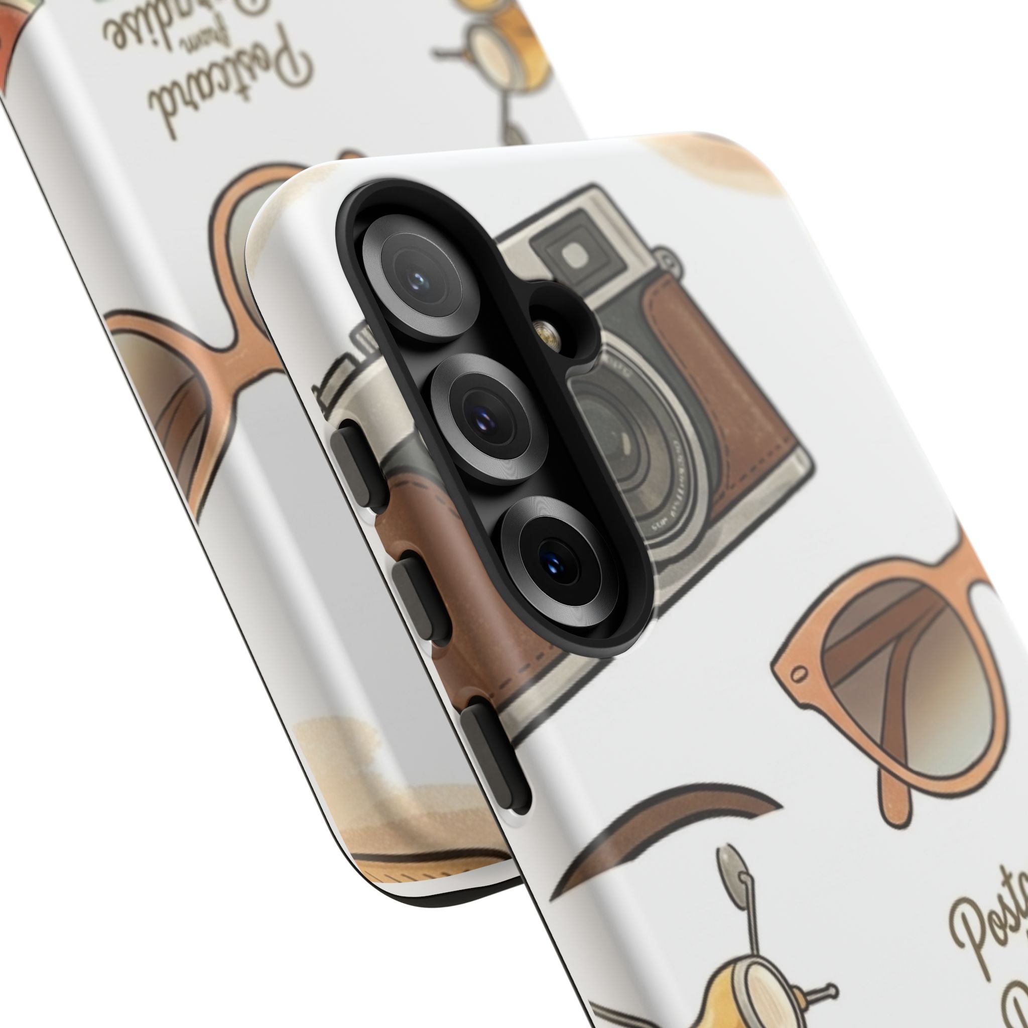 Vintage Summer Beach Phone Case — Feminine Travel Pattern with Cameras, Sunglasses & Scooter