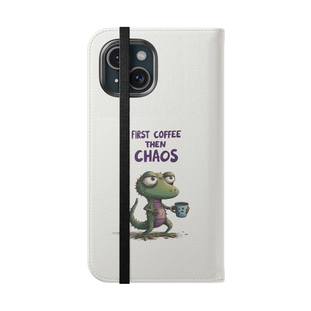 Flip Case — "First Coffee Then Chaos" Cute Dino Phone Wallet