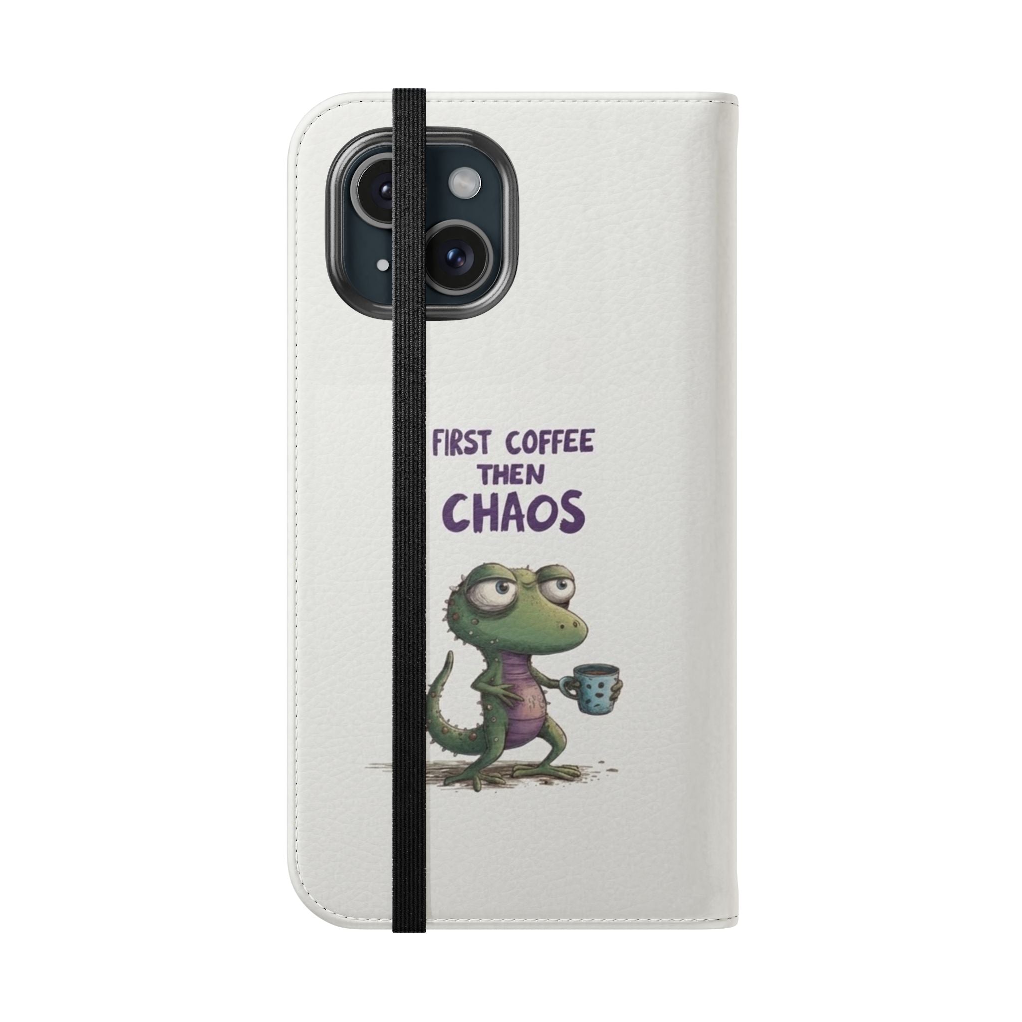 Flip Case — "First Coffee Then Chaos" Cute Dino Phone Wallet