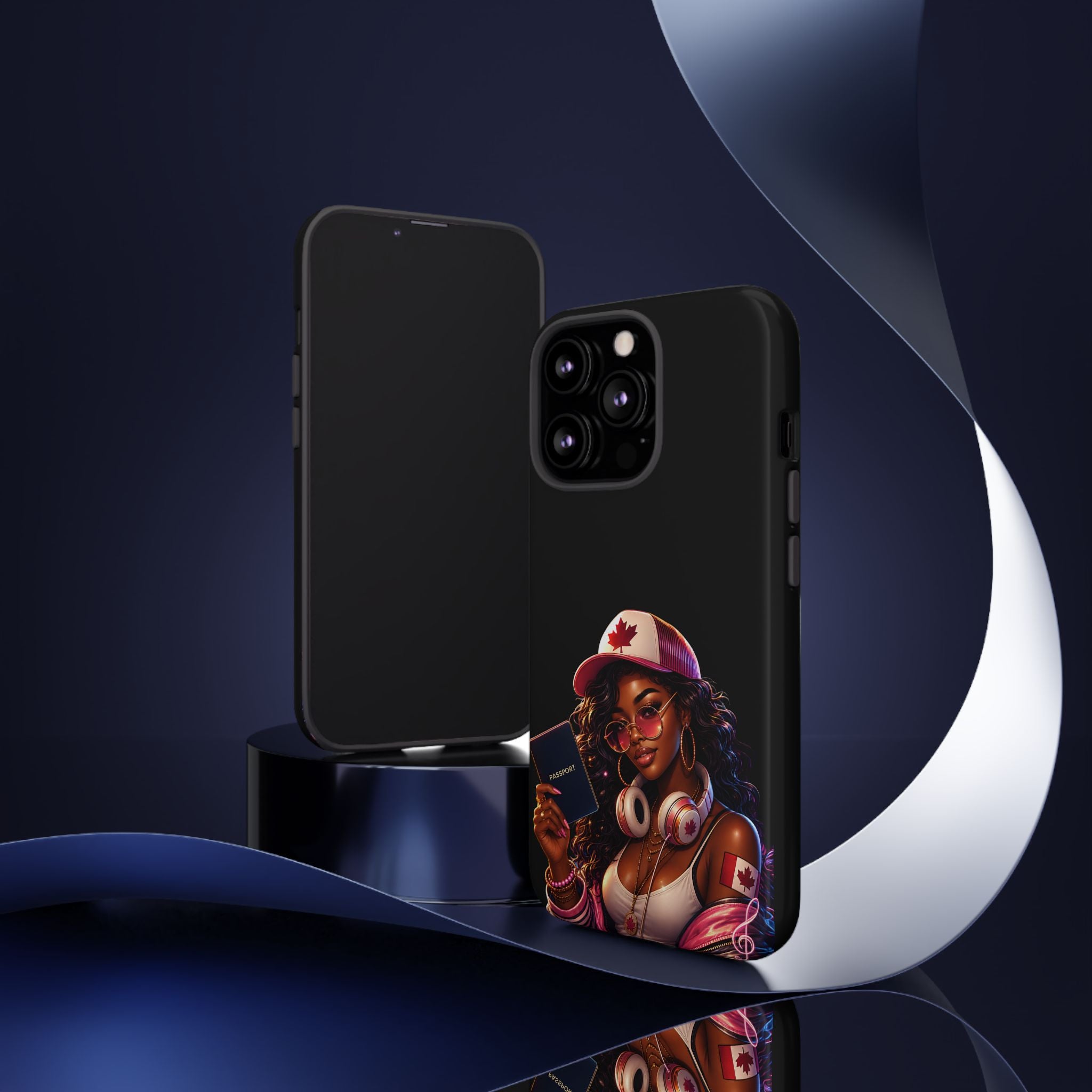 Canadian Vibes Phone Case — Afrobeat Girl with Headphones & Passport Design
