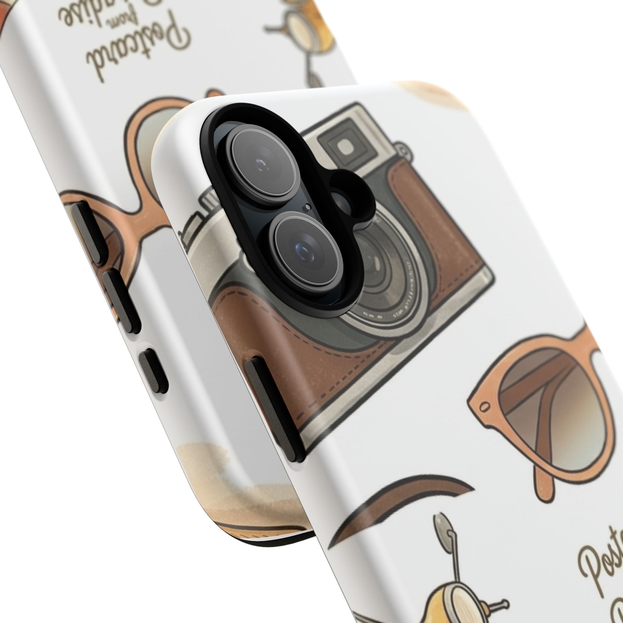 Vintage Summer Beach Phone Case — Feminine Travel Pattern with Cameras, Sunglasses & Scooter