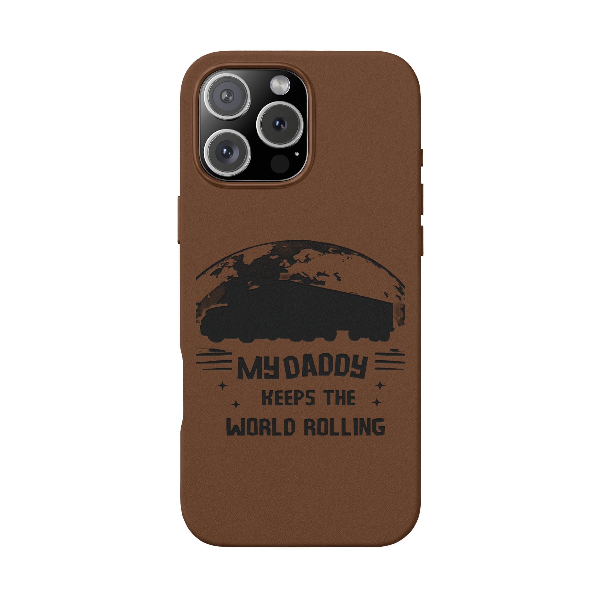 Engraved PU Leather Phone Case — 'Mhdaddy Keeps the World Rolling' Vintage Van Design