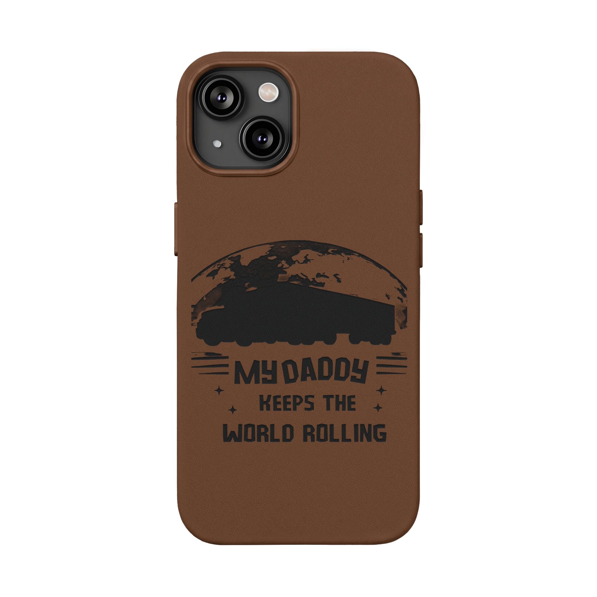 Engraved PU Leather Phone Case — 'Mhdaddy Keeps the World Rolling' Vintage Van Design