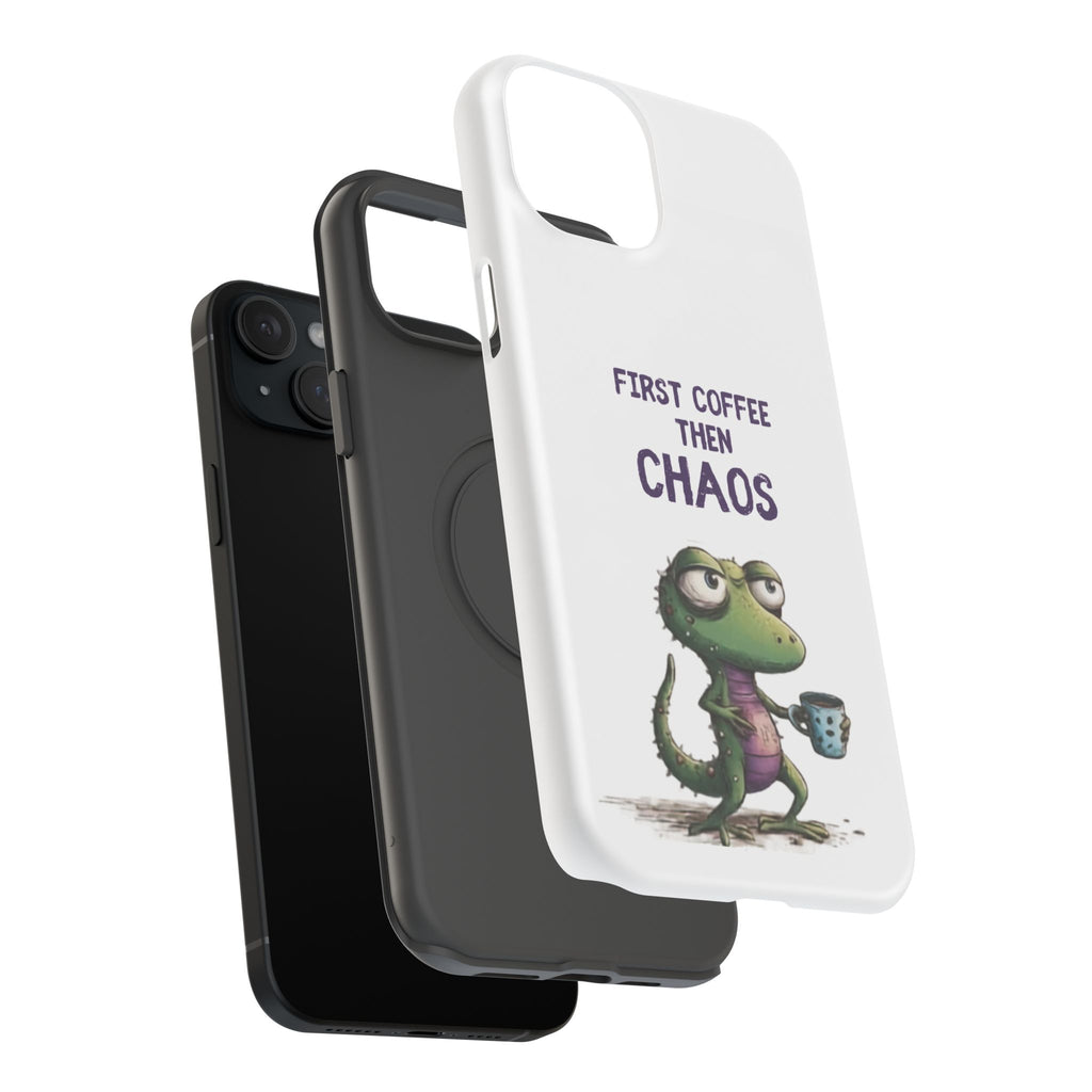 Impact-Resistant Phone Case — "First Coffee Then Chaos" Cute Lizard Coffee Design