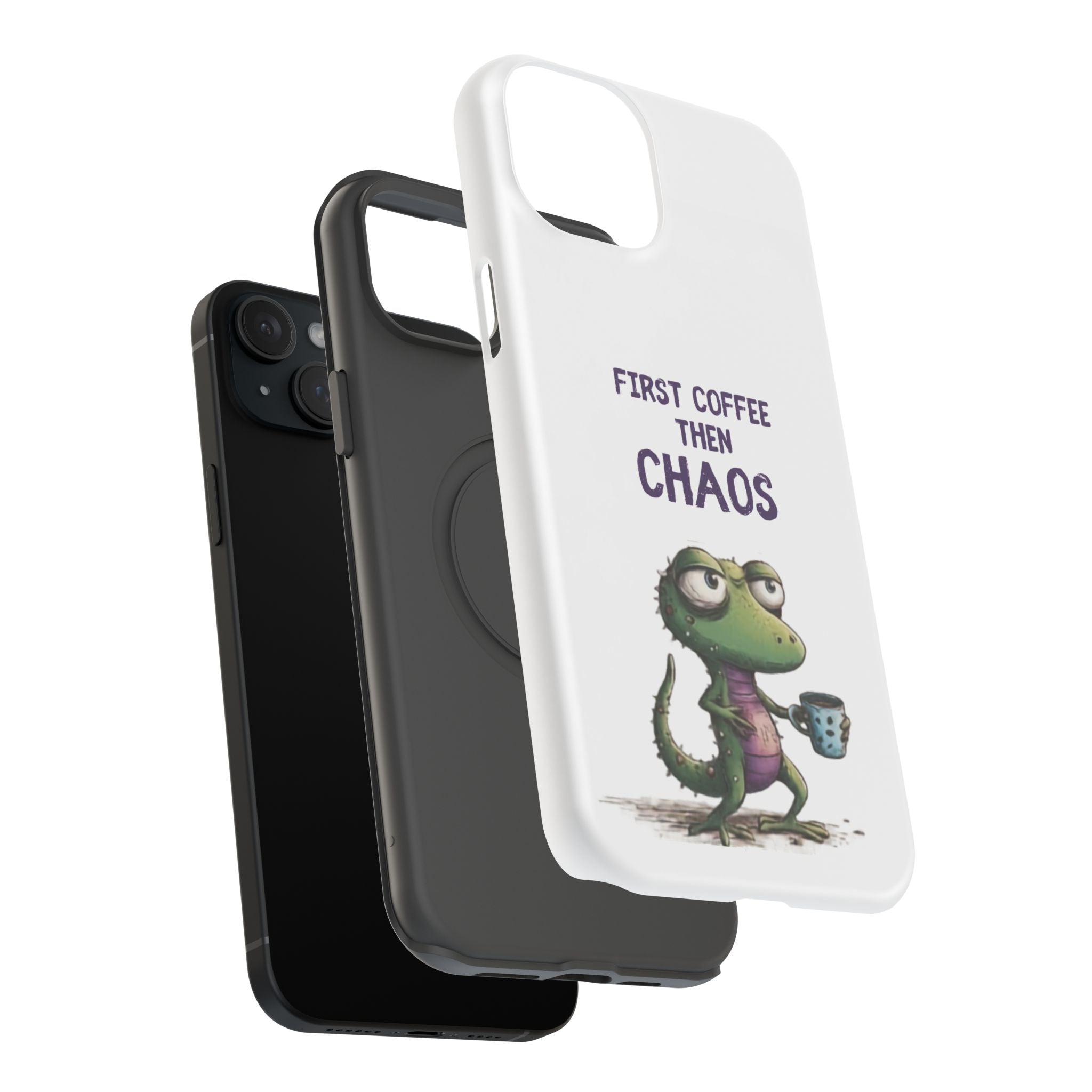 Impact-Resistant Phone Case — "First Coffee Then Chaos" Cute Lizard Coffee Design