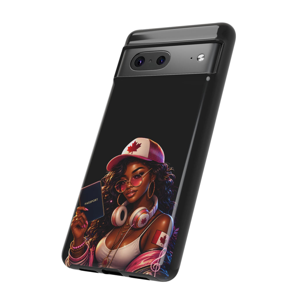 Canadian Vibes Phone Case — Afrobeat Girl with Headphones & Passport Design