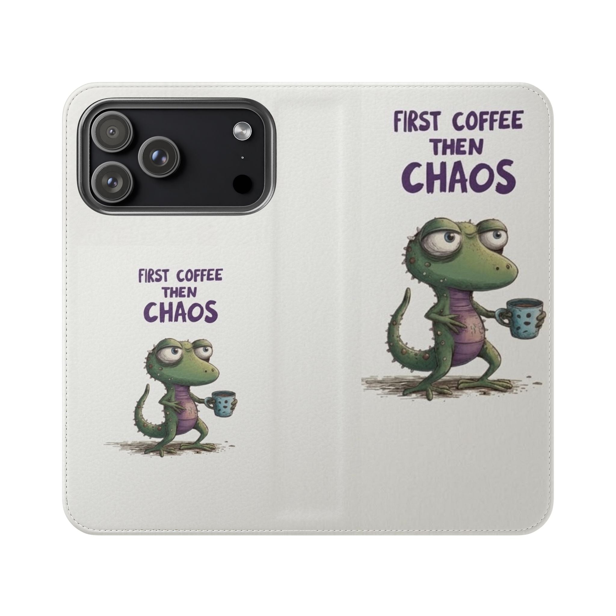 Flip Case — "First Coffee Then Chaos" Cute Dino Phone Wallet