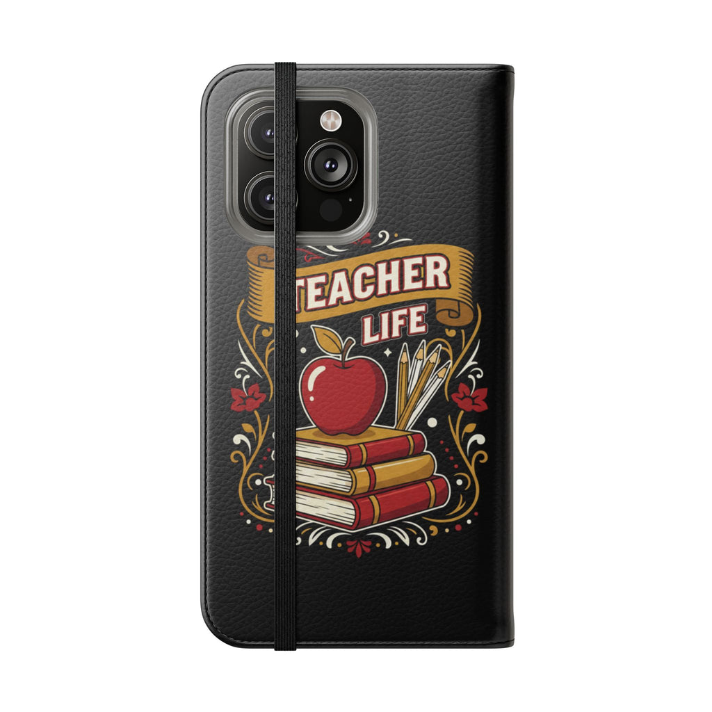 Teacher Life Flip Phone Case – Wallet Folio with Apple & Books Design
