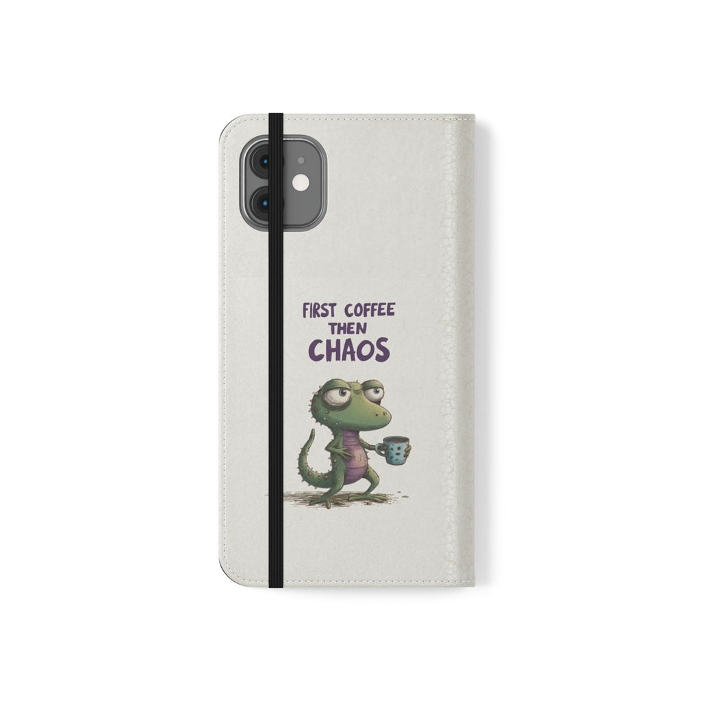 Flip Case — "First Coffee Then Chaos" Cute Dino Phone Wallet