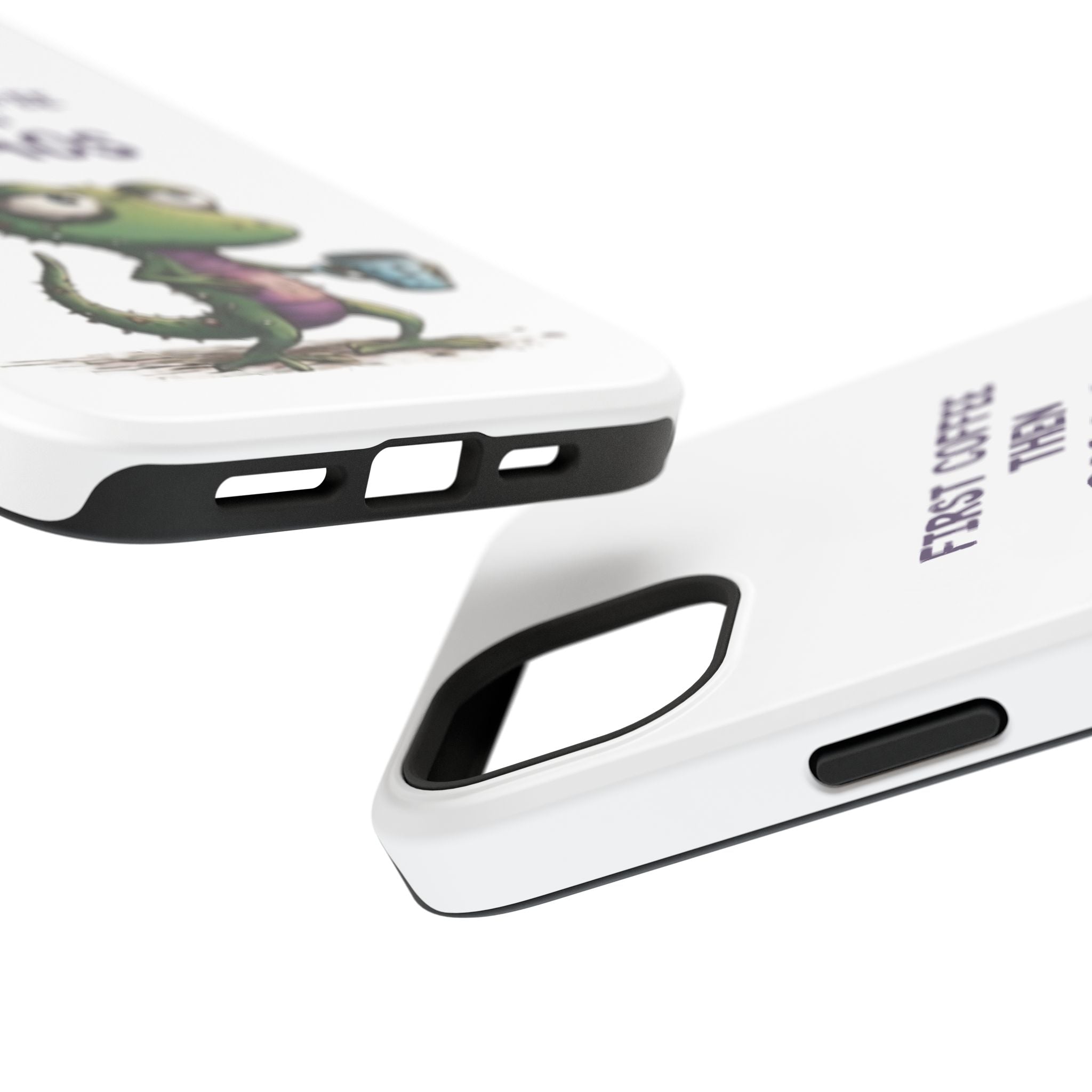 Impact-Resistant Phone Case — "First Coffee Then Chaos" Cute Lizard Coffee Design