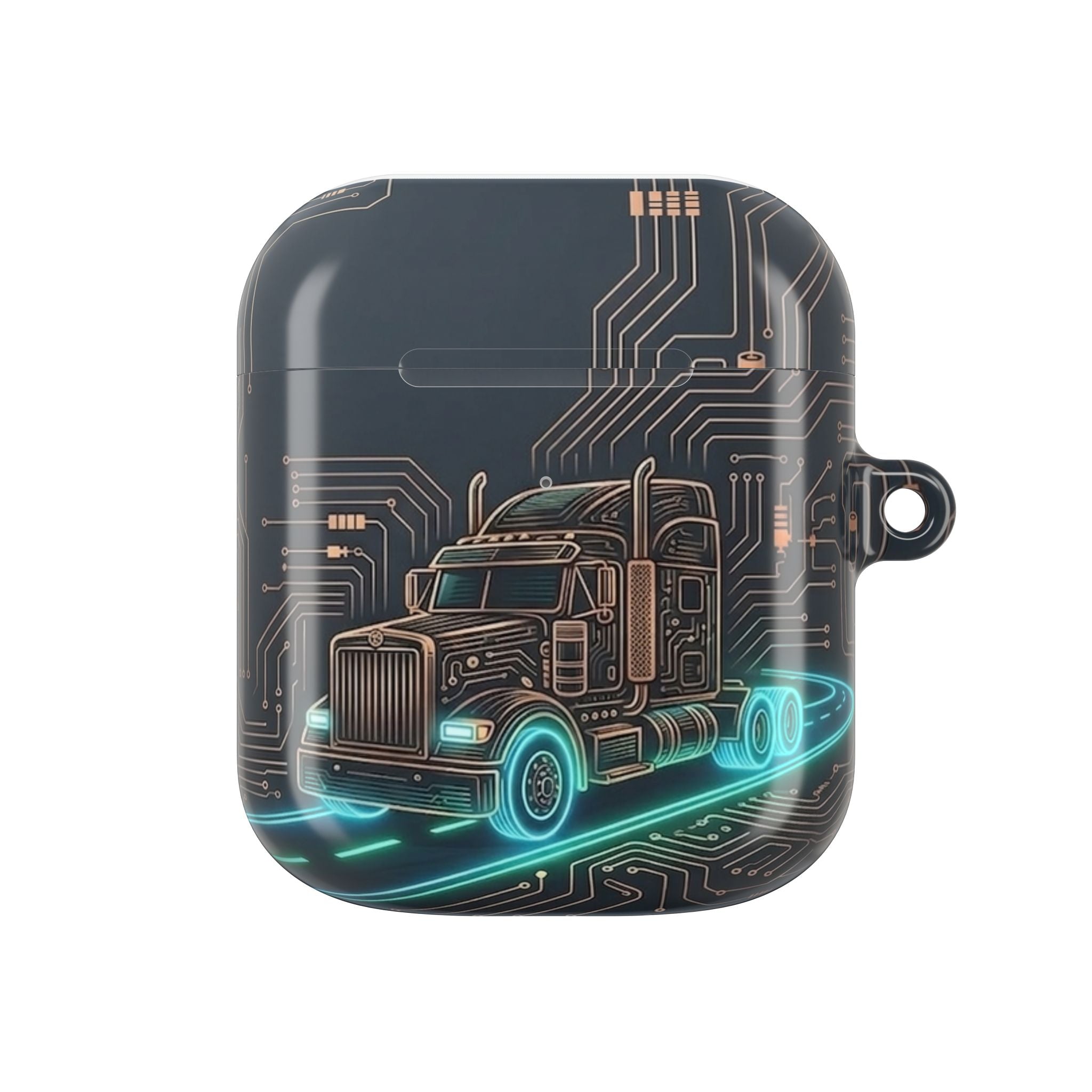 Trucker Tech AirPods Case — Neon Semi Truck Circuit Design