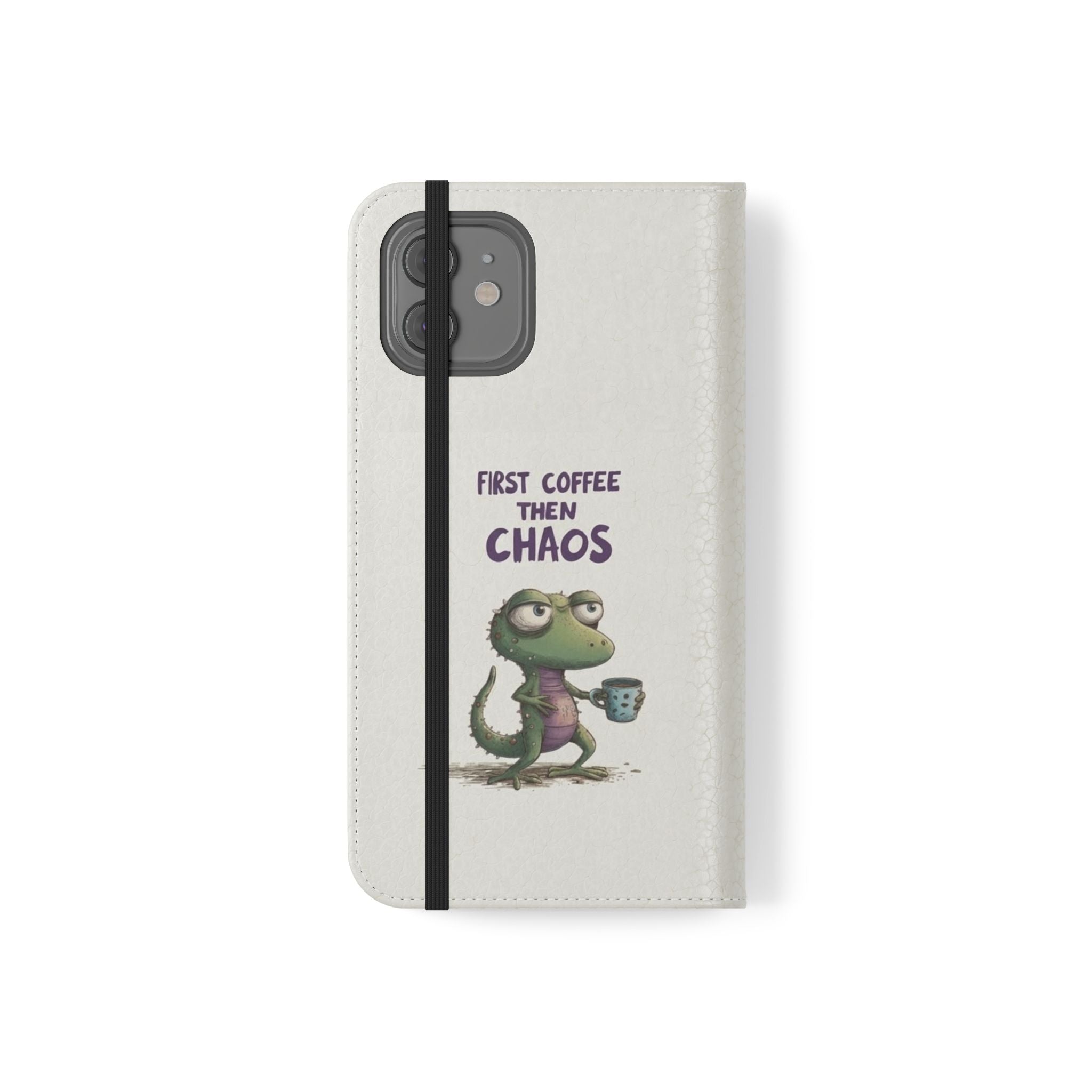 Flip Case — "First Coffee Then Chaos" Cute Dino Phone Wallet