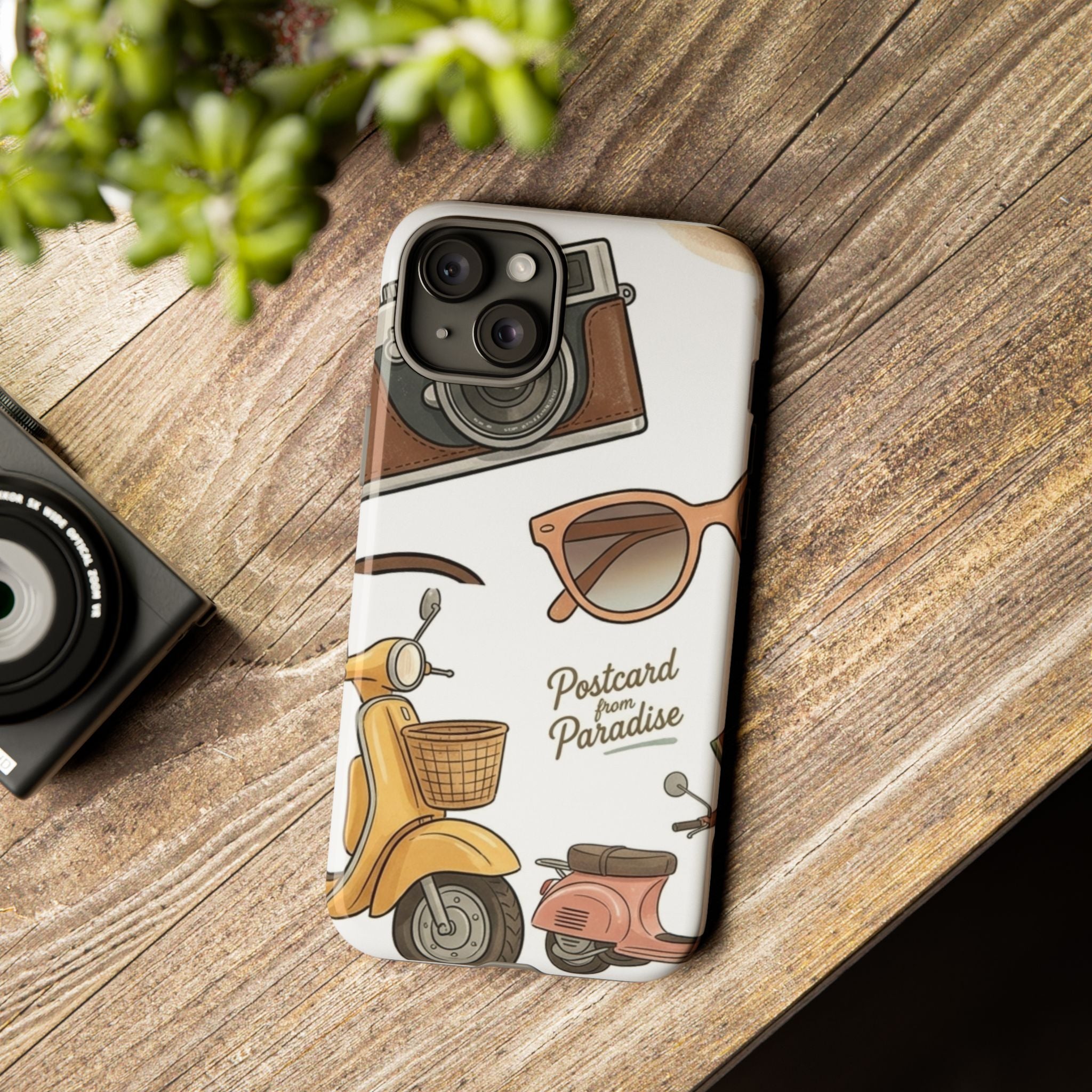 Vintage Summer Beach Phone Case — Feminine Travel Pattern with Cameras, Sunglasses & Scooter