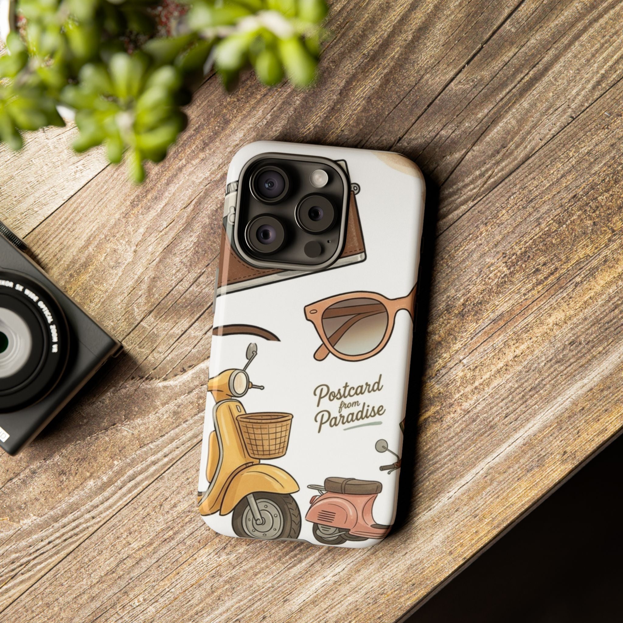 Vintage Summer Beach Phone Case — Feminine Travel Pattern with Cameras, Sunglasses & Scooter