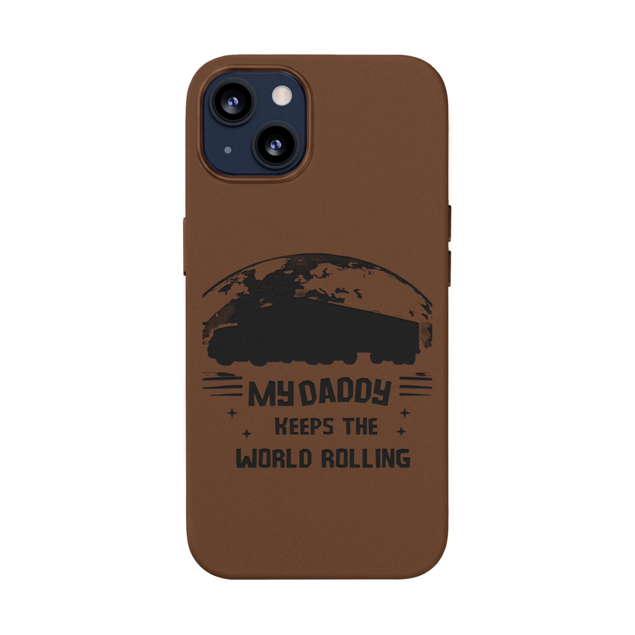 Engraved PU Leather Phone Case — 'Mhdaddy Keeps the World Rolling' Vintage Van Design