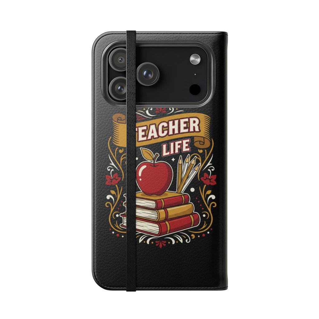Teacher Life Flip Phone Case – Wallet Folio with Apple & Books Design