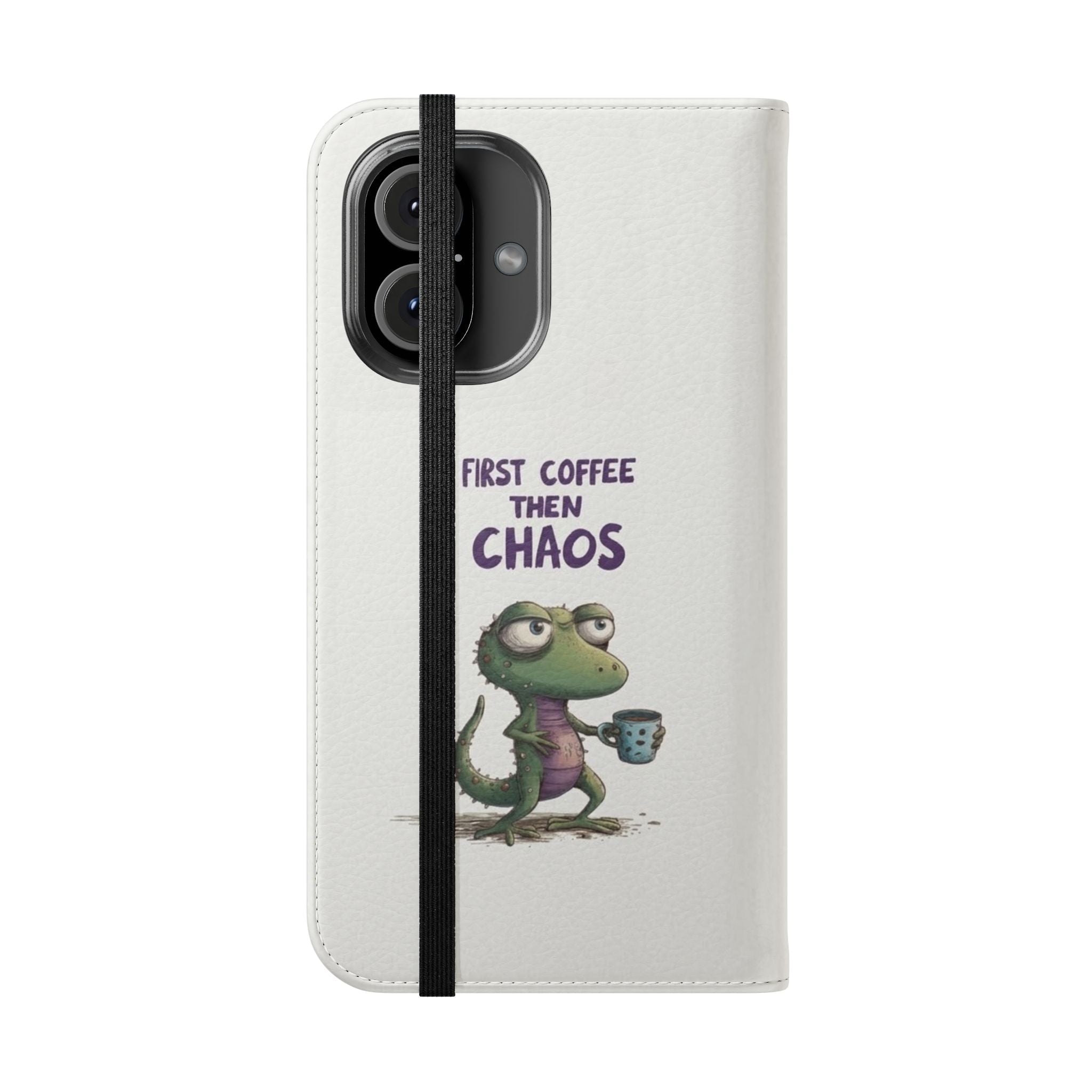 Flip Case — "First Coffee Then Chaos" Cute Dino Phone Wallet
